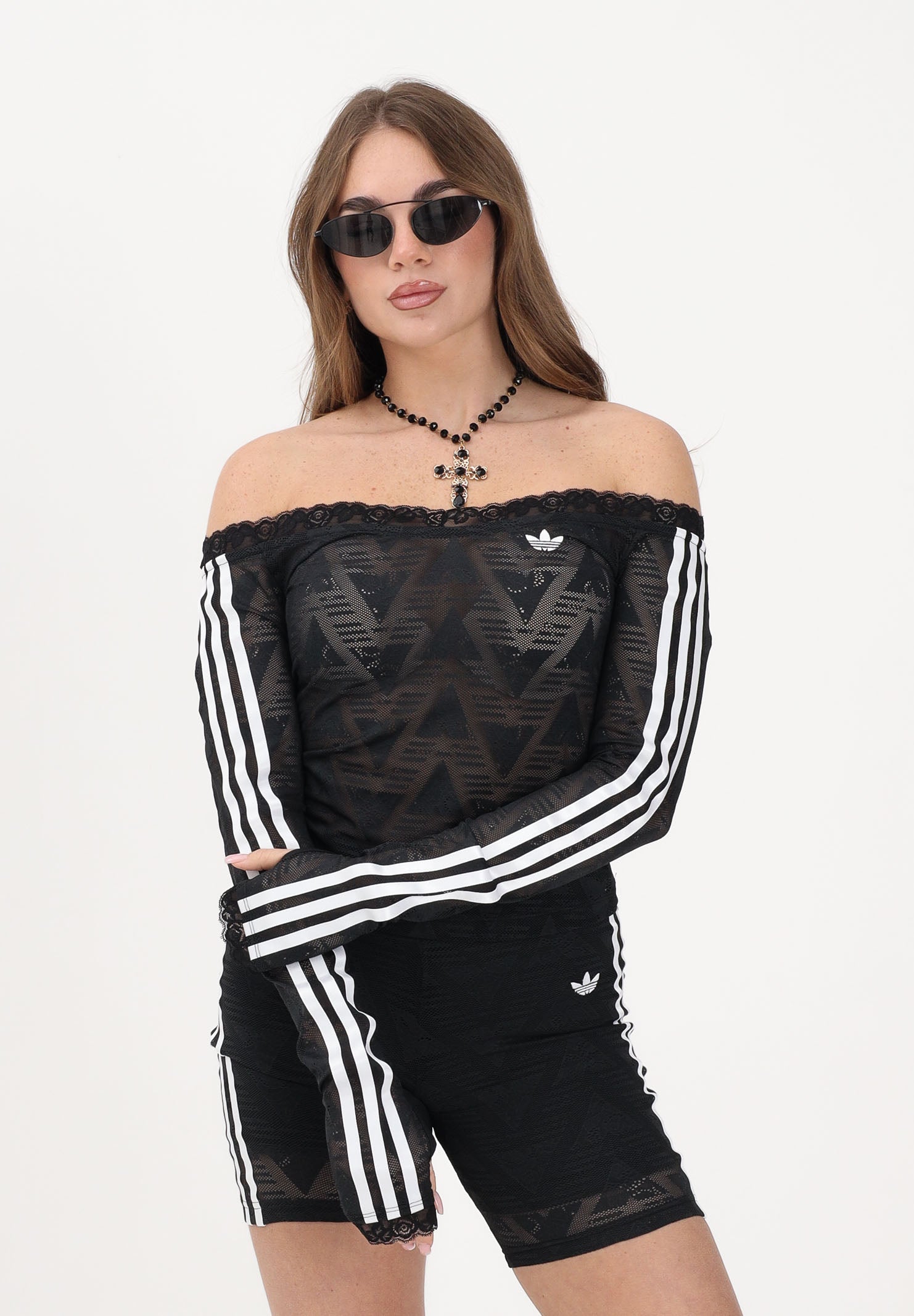 ADIDAS ORIGINALS Top a manica lunga Lace Bardot nero da donna<BR/> KD0350 . ADIDAS ORIGINALS