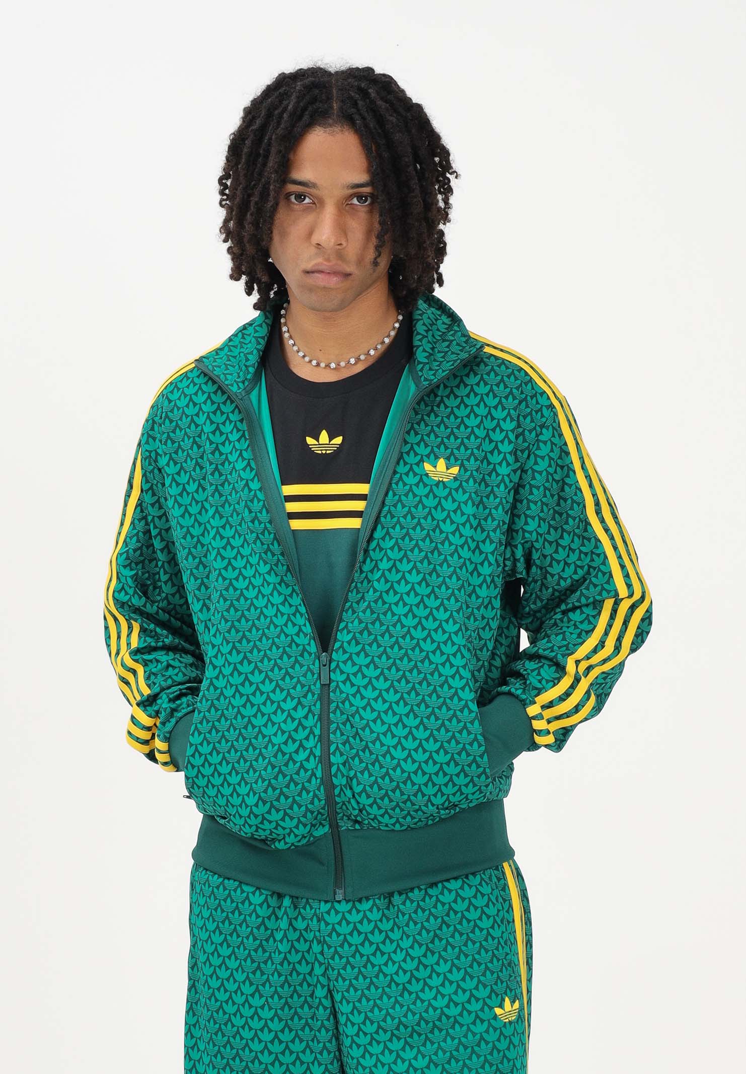 ADIDAS ORIGINALS Felpa con zip Loose Firebird Monogram verde e gialla da uomo KD0382 . ADIDAS ORIGINALS