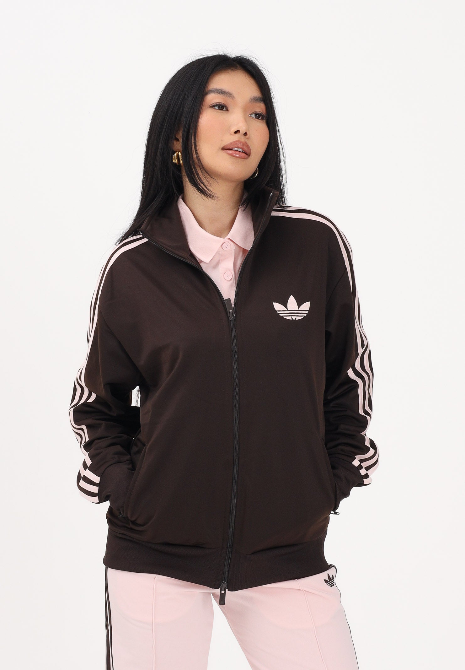 ADIDAS ORIGINALS Felpa con zip Firebird Loose marrone e rosa da donna KD1331 . ADIDAS ORIGINALS