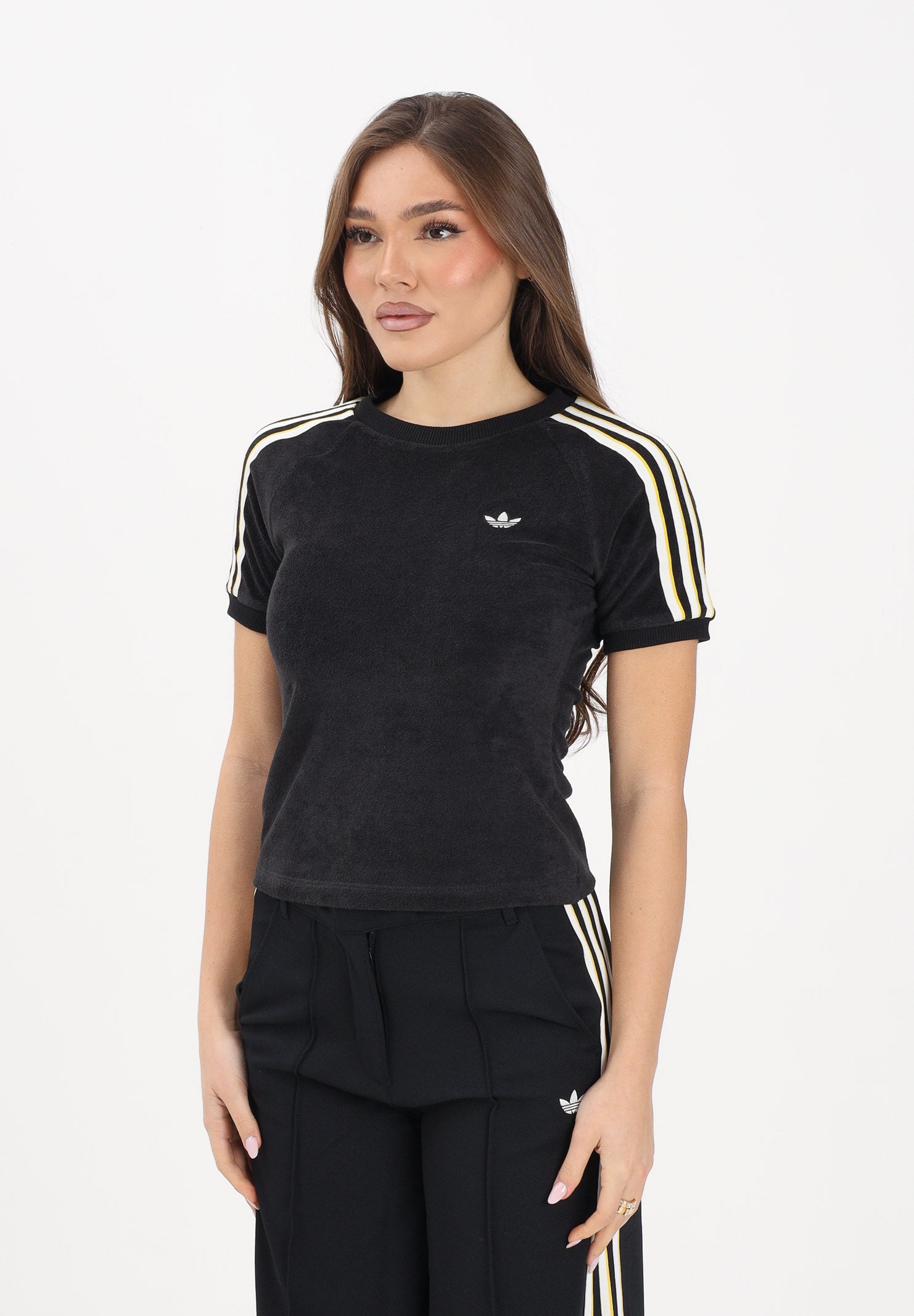 ADIDAS ORIGINALS T-shirt a manica corta Terry Towel Cali nera da donna KD1412 . ADIDAS ORIGINALS