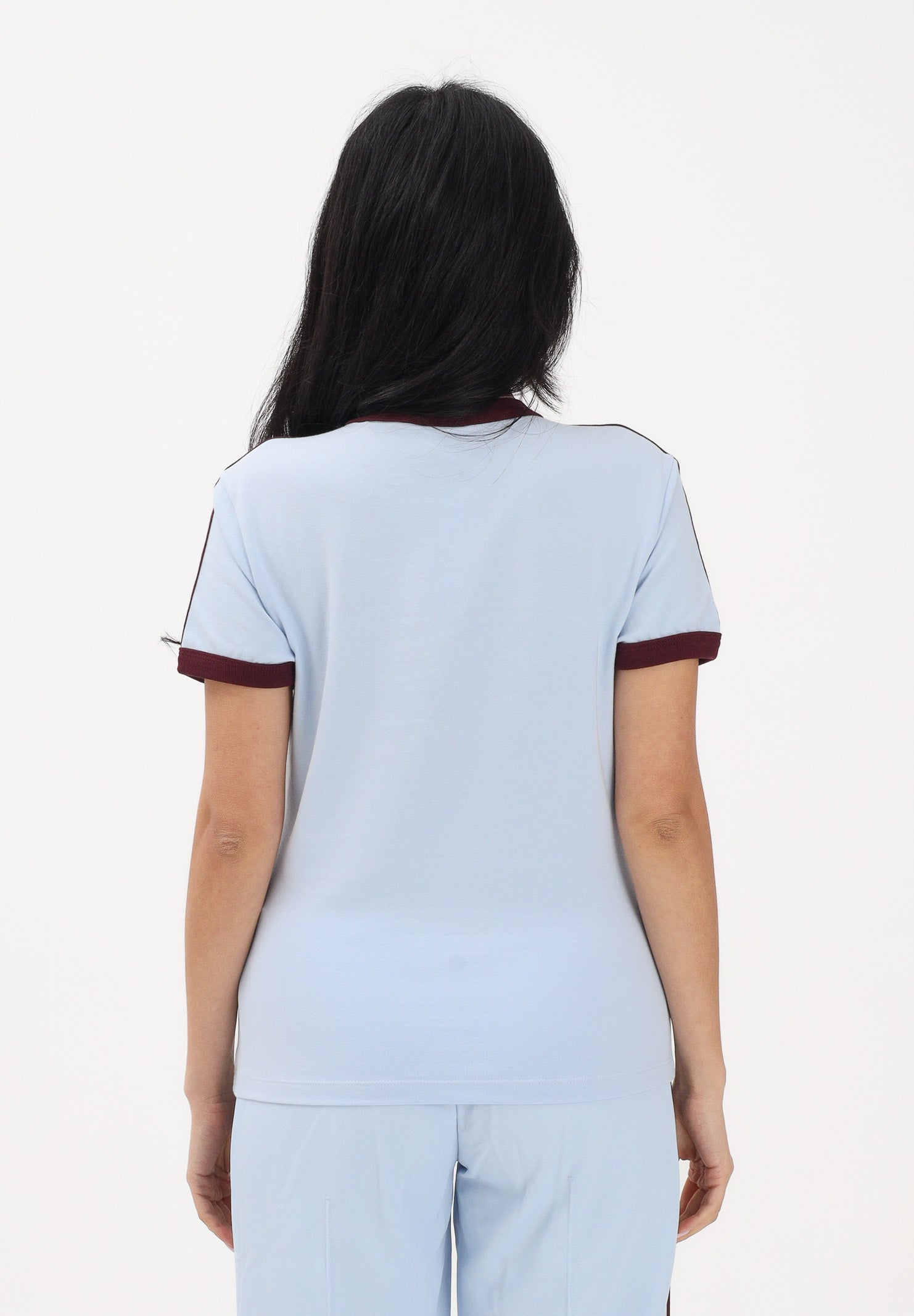 ADIDAS ORIGINALS T-shirt a manica corta 3 STRIPES celeste e bordeaux da donna KD3684 . ADIDAS ORIGINALS
