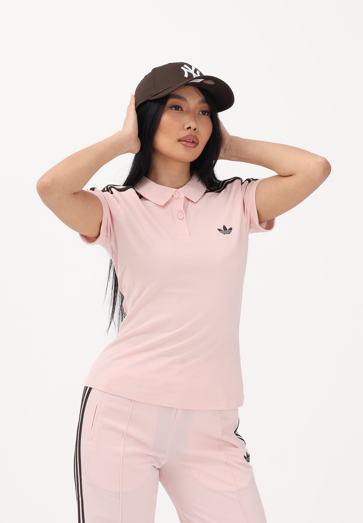 ADIDAS ORIGINALS Polo a manica corta 3 Stripes rosa e marrone da donna KD3699 . ADIDAS ORIGINALS