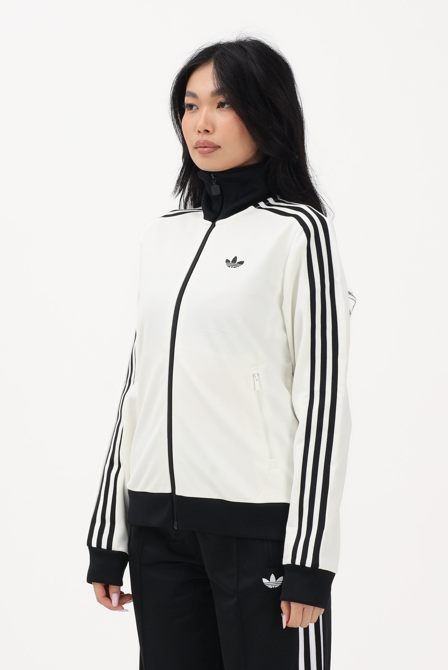 ADIDAS ORIGINALS Felpa con zip 3-Stripes panna e nera da donna KD3740 . ADIDAS ORIGINALS