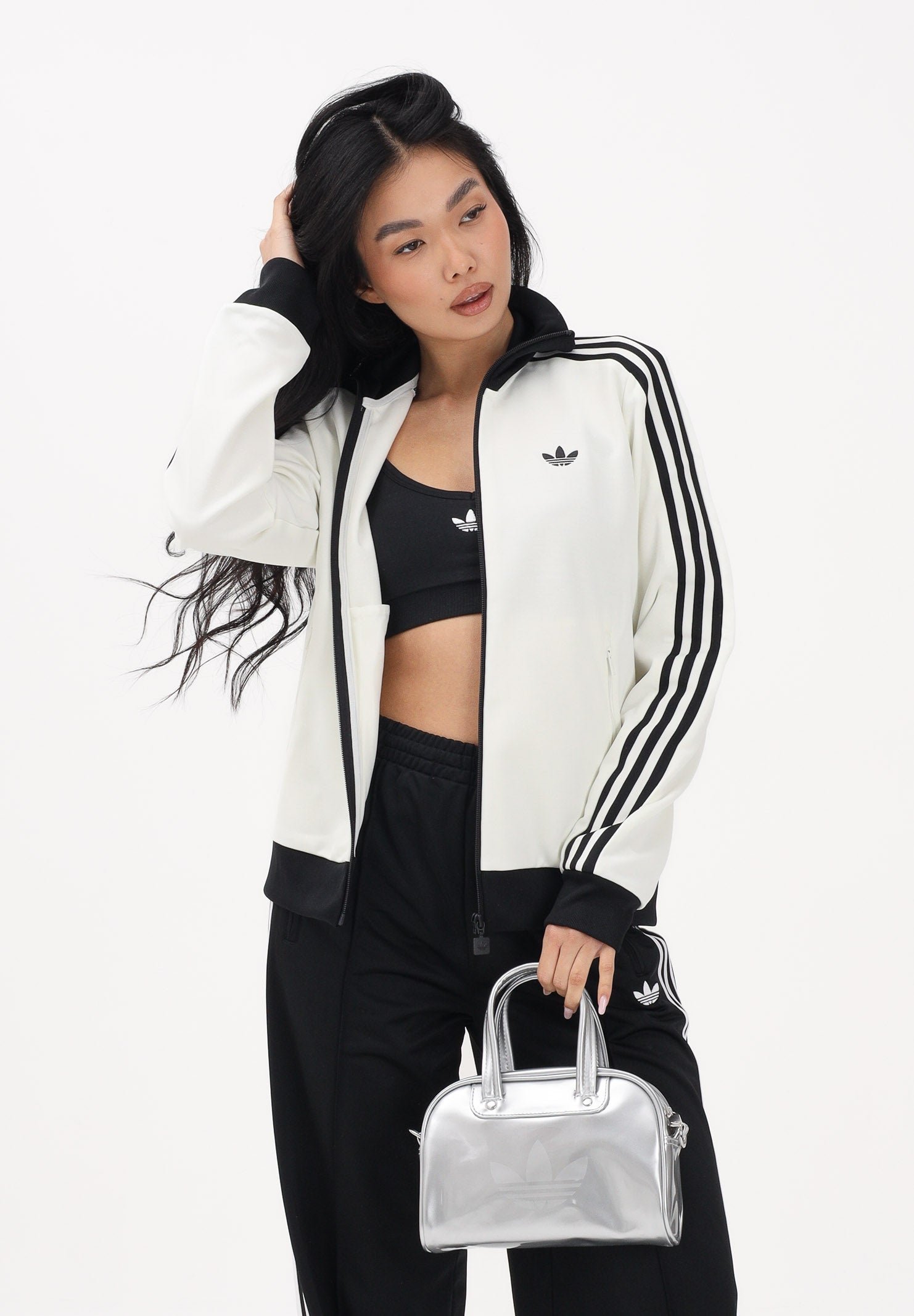 ADIDAS ORIGINALS Felpa con zip 3-Stripes panna e nera da donna KD3740 . ADIDAS ORIGINALS