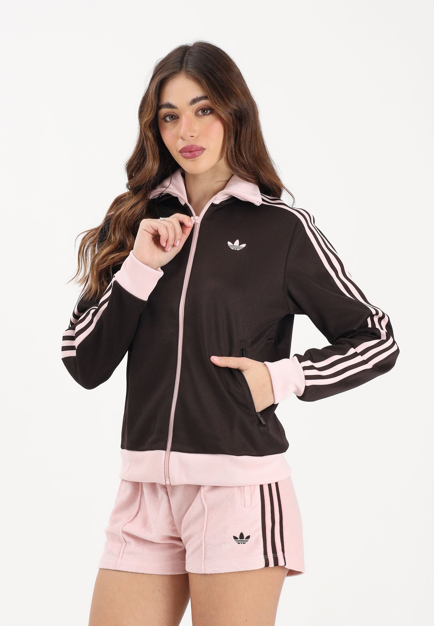 ADIDAS ORIGINALS Felpa con zip 3-Stripes marrone e rosa da donna KD3742 . ADIDAS ORIGINALS