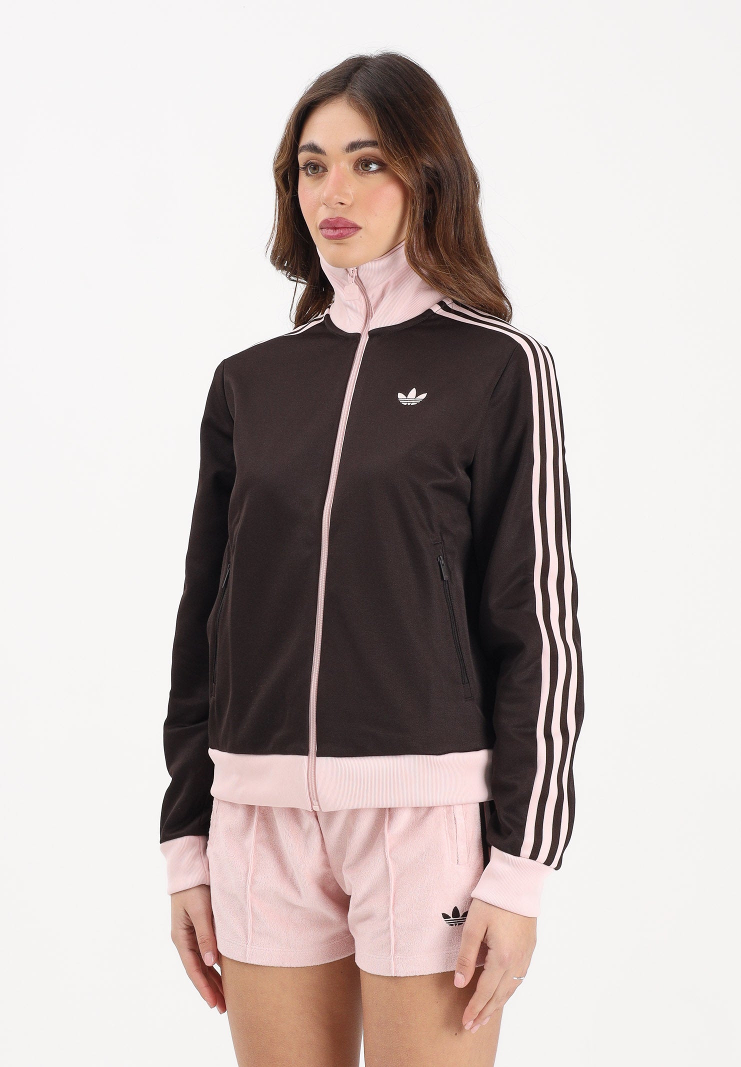 ADIDAS ORIGINALS Felpa con zip 3-Stripes marrone e rosa da donna KD3742 . ADIDAS ORIGINALS