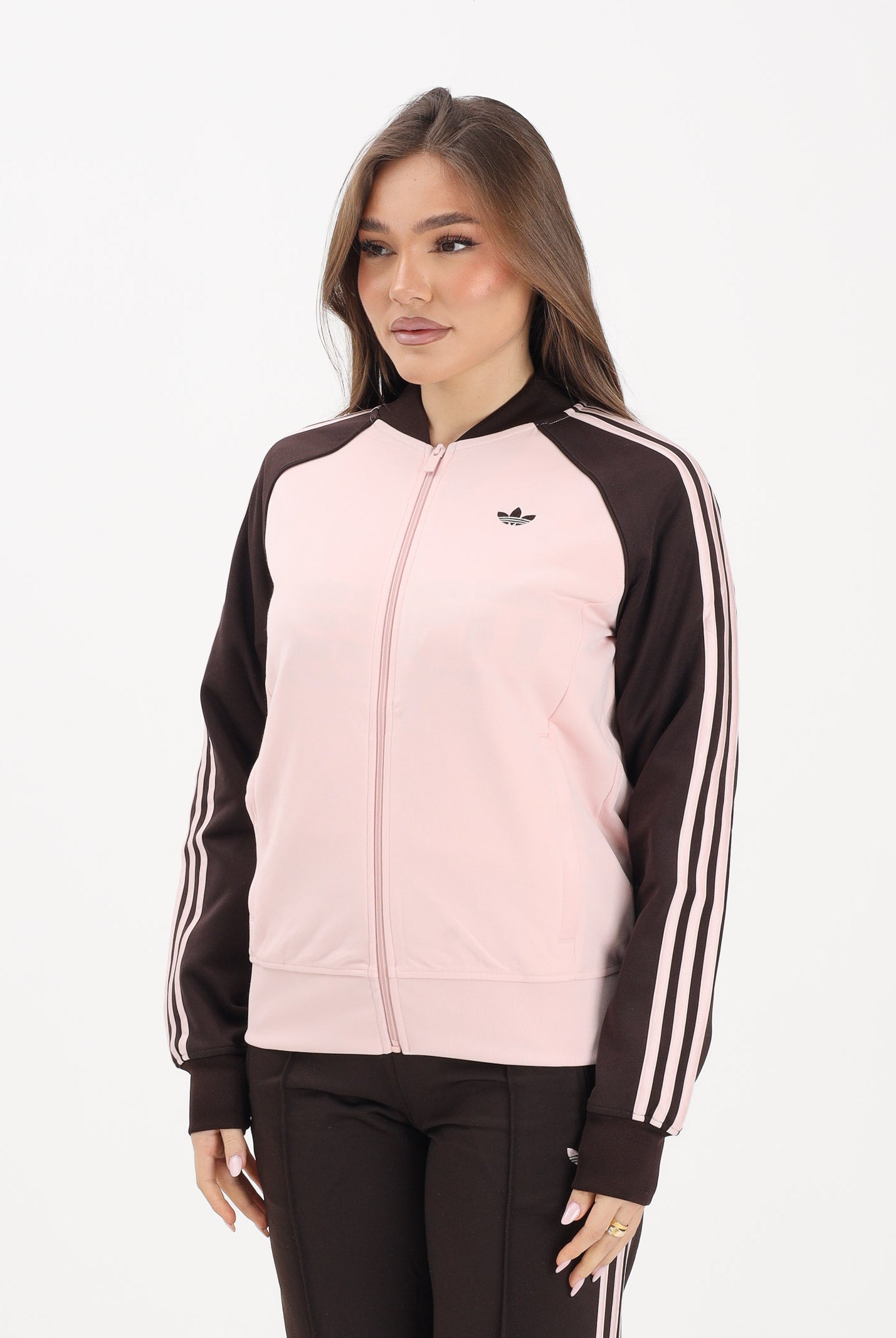 ADIDAS ORIGINALS Felpa con zip SST CLASSIC rosa e marrone da donna KD3783 . ADIDAS ORIGINALS