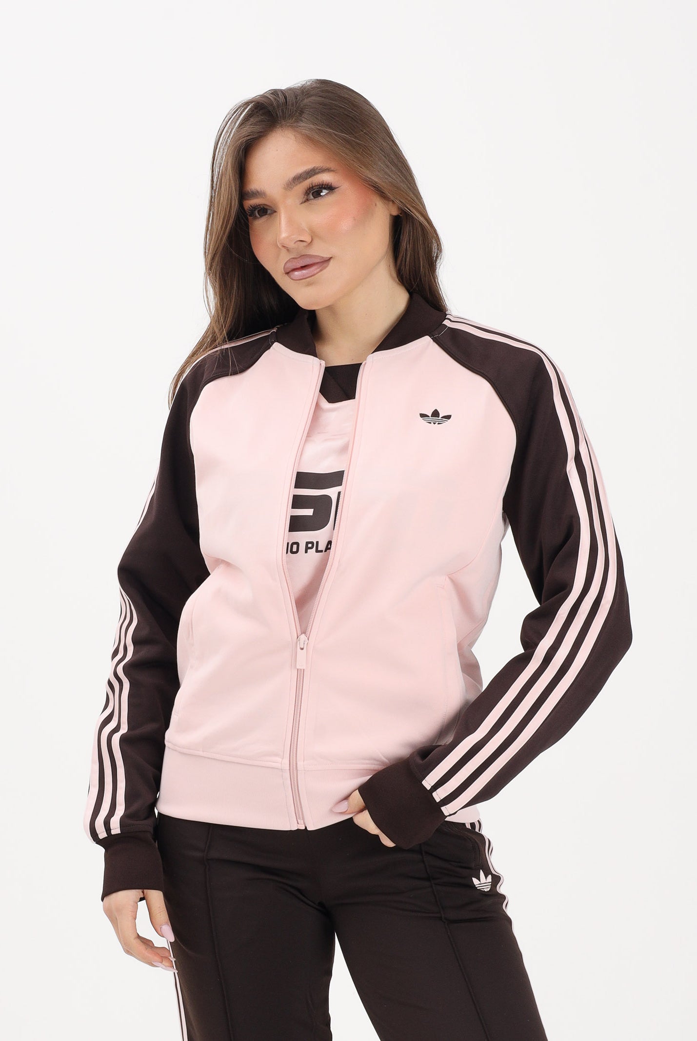 ADIDAS ORIGINALS Felpa con zip SST CLASSIC rosa e marrone da donna KD3783 . ADIDAS ORIGINALS