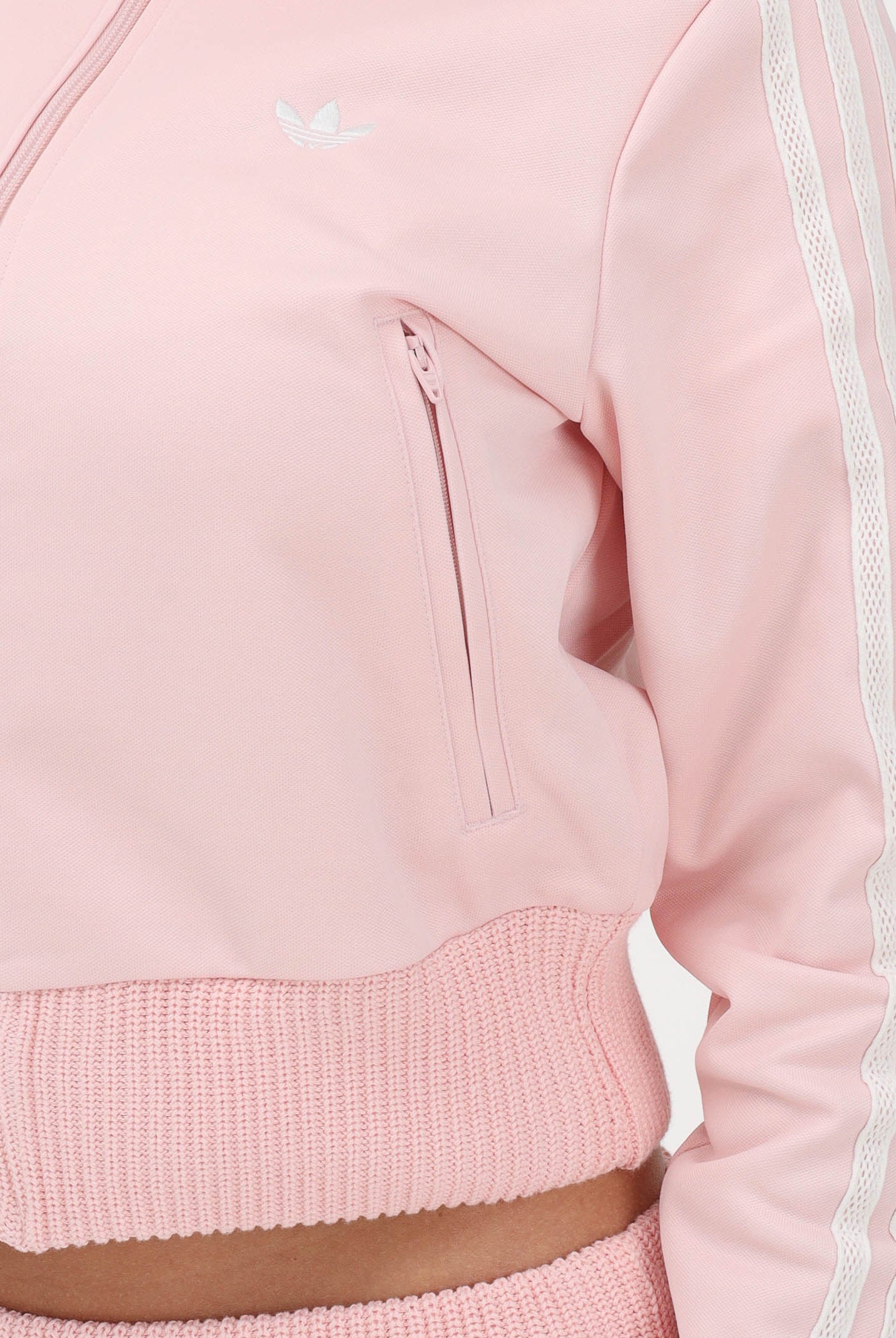 ADIDAS ORIGINALS Felpa con zip Firebird rosa da donna con dettagli in maglia all'uncinetto KD4321 . ADIDAS ORIGINALS