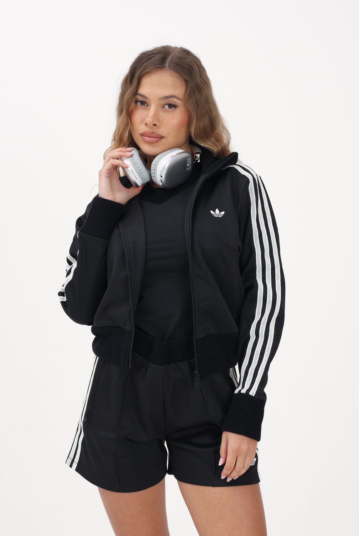 ADIDAS ORIGINALS Felpa con zip Firebird nera da donna con dettagli in maglia all'uncinetto KD5455 . ADIDAS ORIGINALS