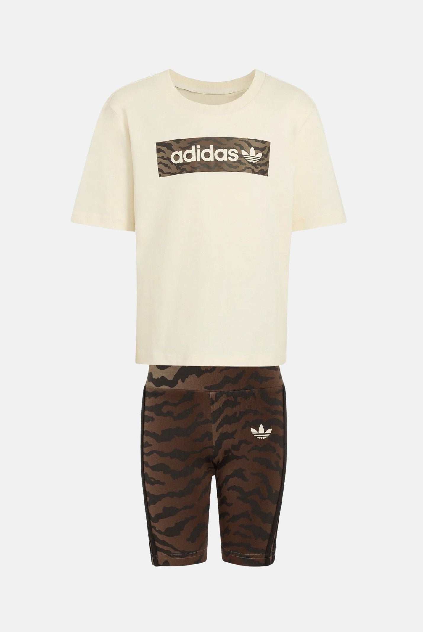 ADIDAS ORIGINALS Completino AOP panna e marrone da bambina con fantasia tigre KD5822 . ADIDAS ORIGINALS