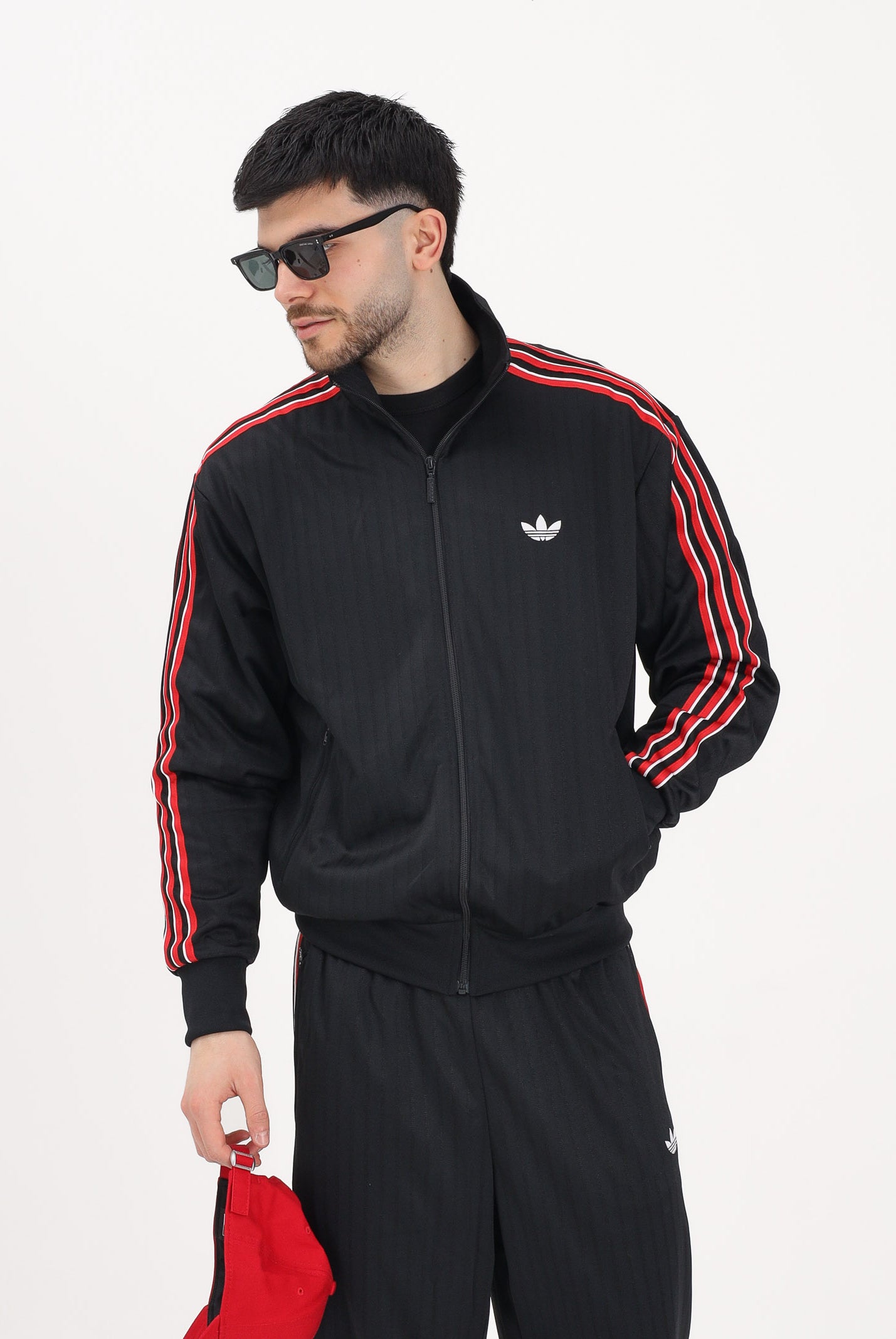 ADIDAS ORIGINALS Felpa con zip FIREBIRD LOOSE PINSTRIPES nera da uomo KD6292 . ADIDAS ORIGINALS