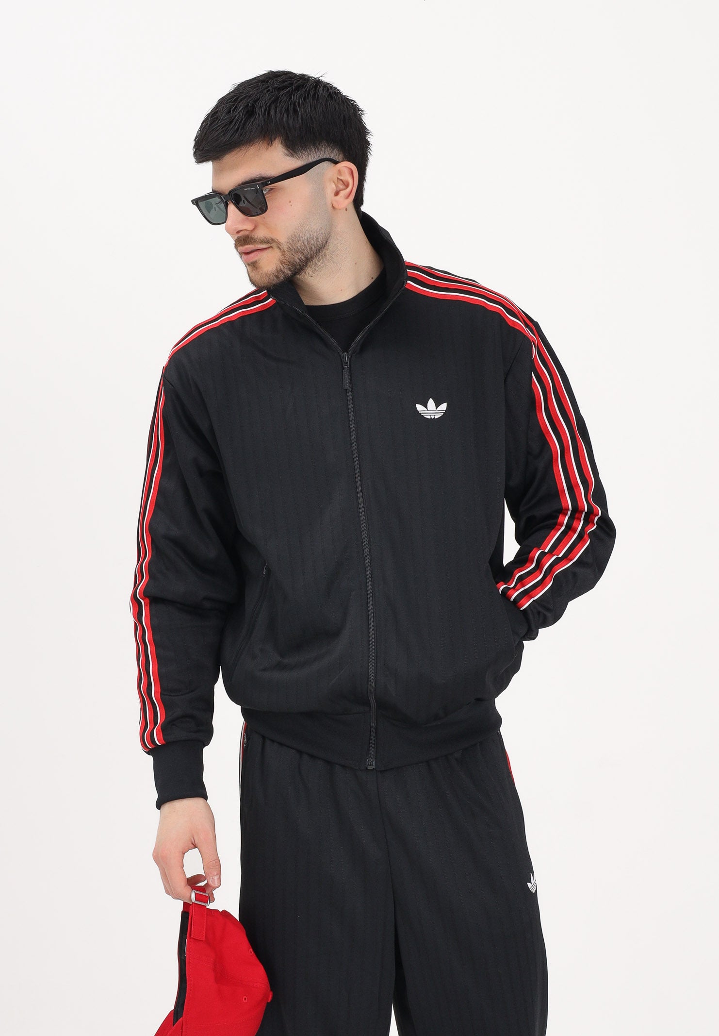 ADIDAS ORIGINALS Felpa con zip FIREBIRD LOOSE PINSTRIPES nera da uomo KD6292 . ADIDAS ORIGINALS