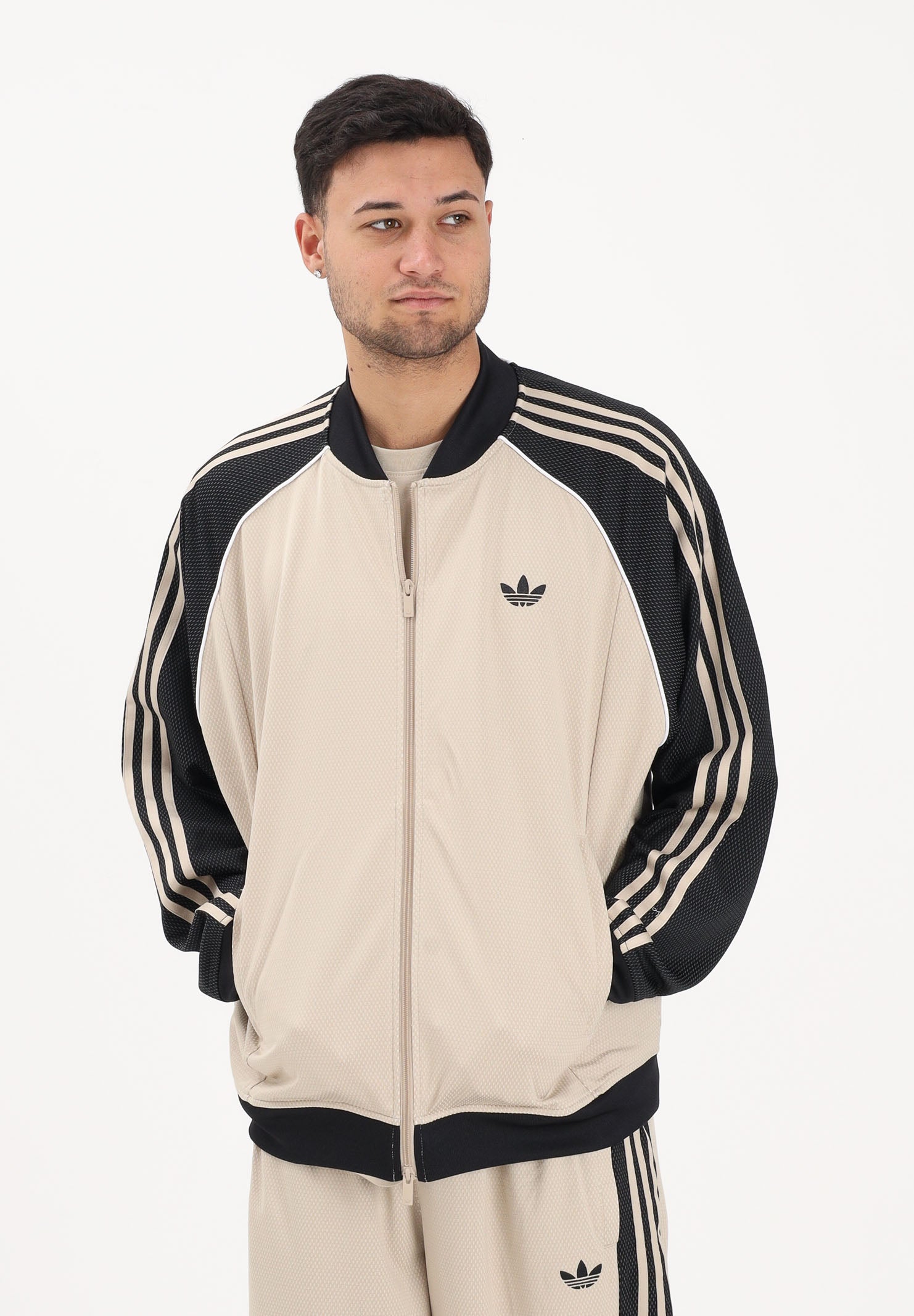 ADIDAS ORIGINALS Felpa con zip Loose Mesh beige e nera da uomo KE0114 . ADIDAS ORIGINALS