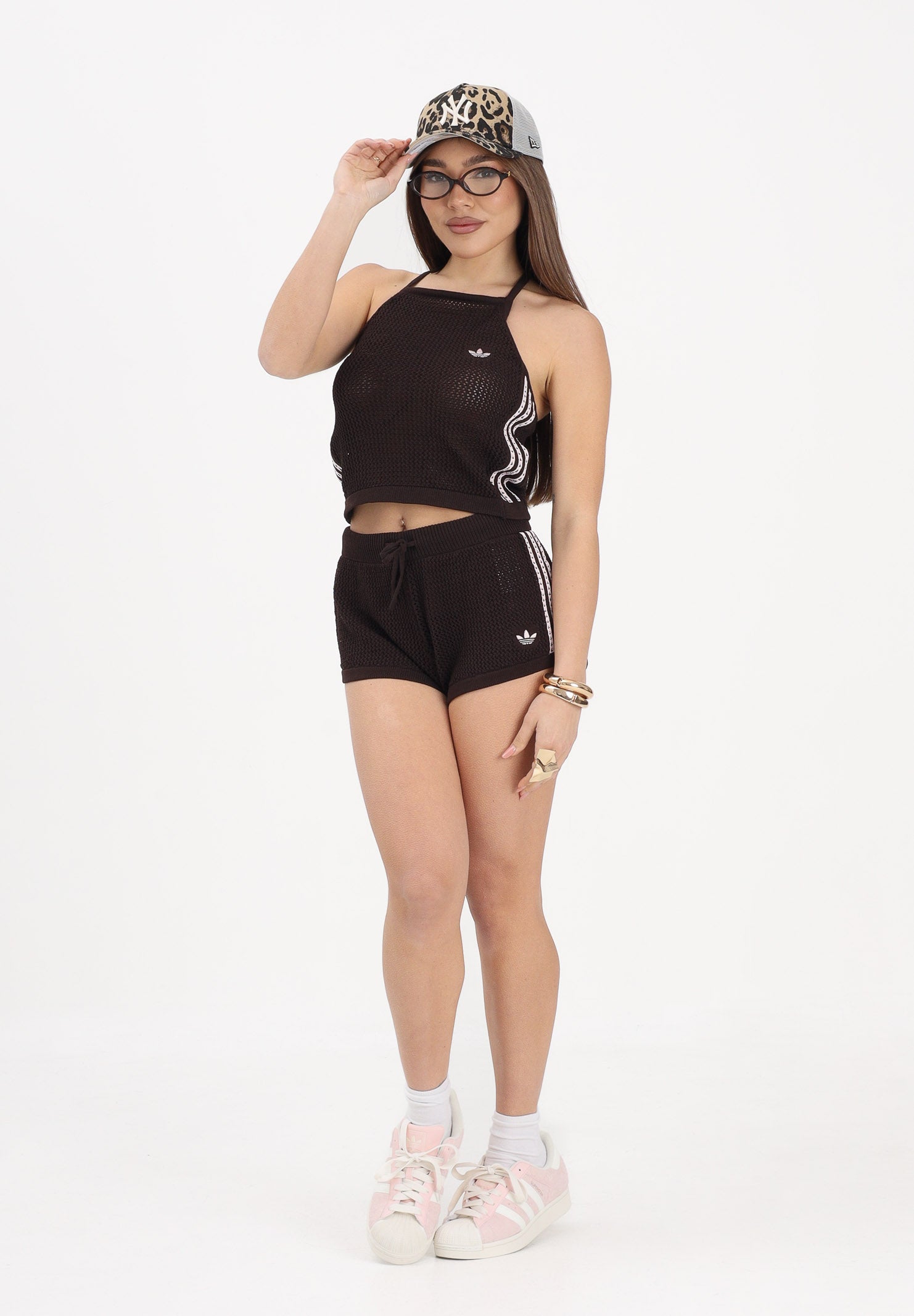 ADIDAS ORIGINALS Shorts sportivo KNITTED CROCHET marrone e rosa da donna KE0197 . ADIDAS ORIGINALS