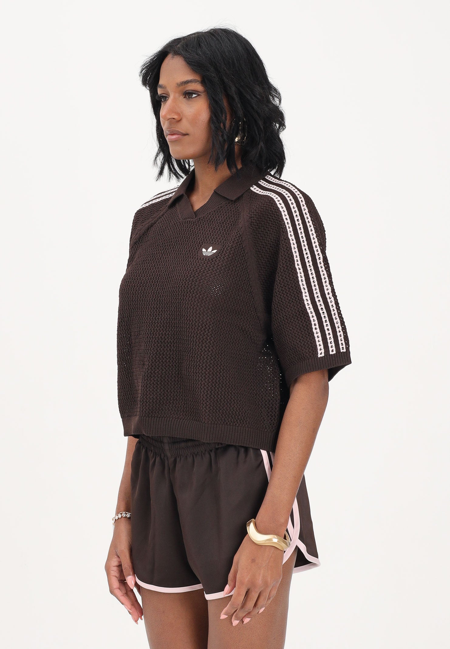 ADIDAS ORIGINALS Polo a manica corta in maglia marrone da donna KE0198 . ADIDAS ORIGINALS