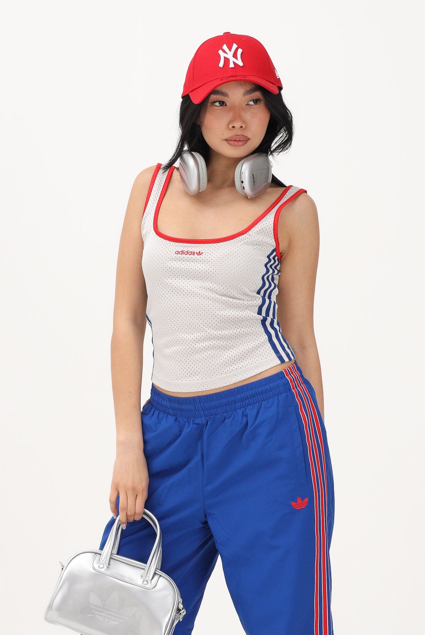 ADIDAS ORIGINALS Canotta bianca da donna con rifiniture rosse e blu KE2356 . ADIDAS ORIGINALS