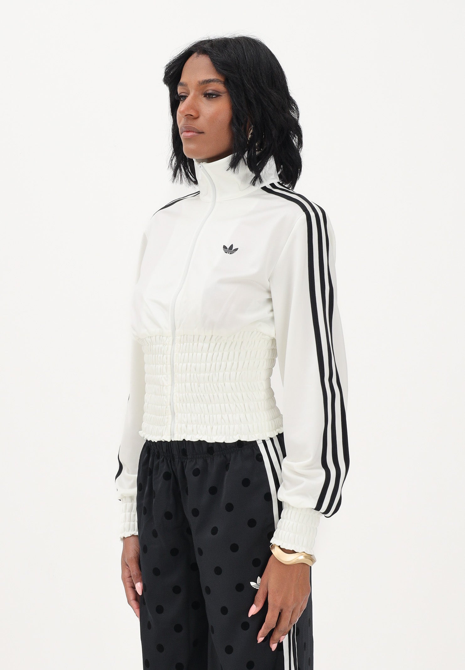 ADIDAS ORIGINALS Felpa con zip SMOCKED FIREBIRD bianca da donna KE3436 . ADIDAS ORIGINALS