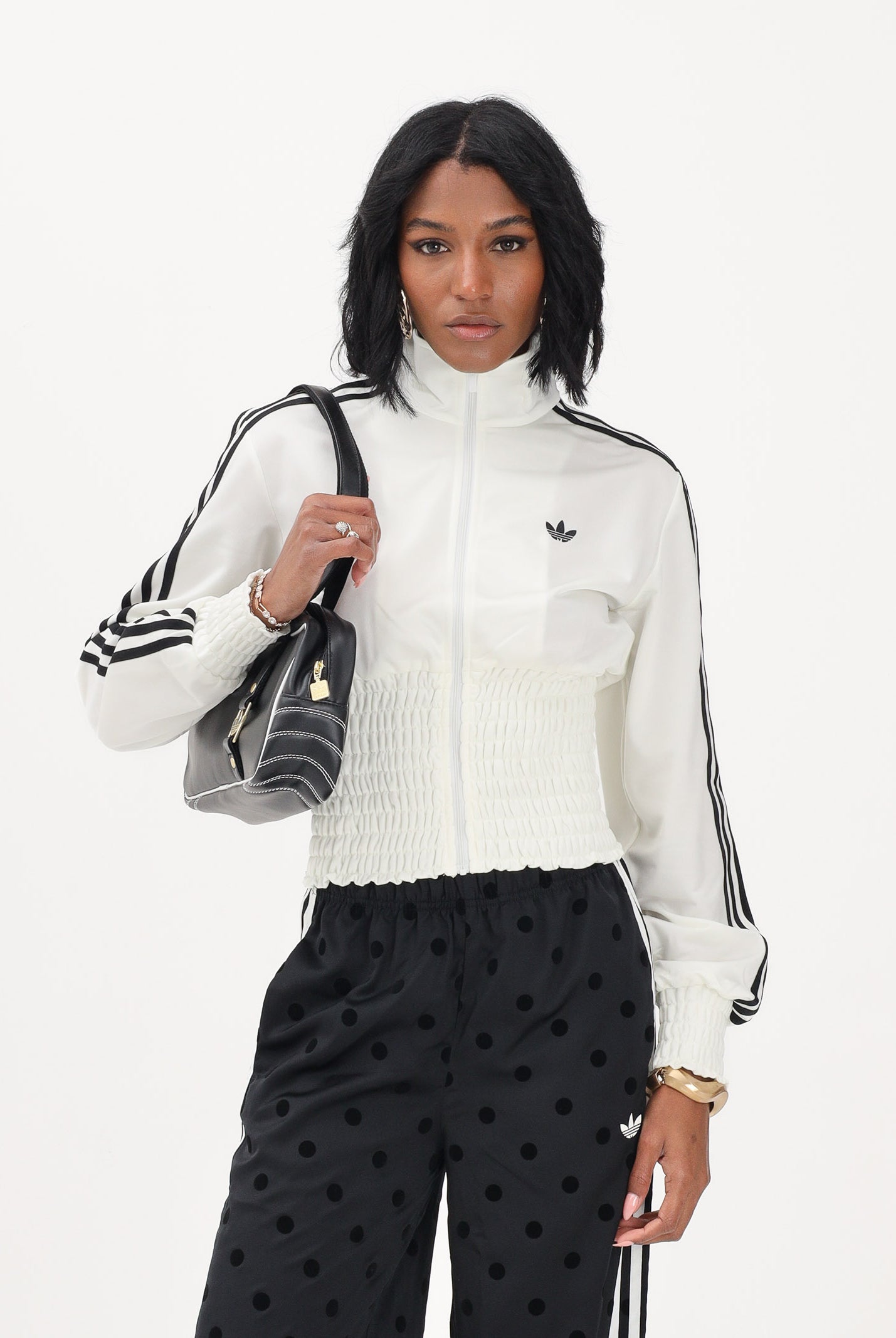 ADIDAS ORIGINALS Felpa con zip SMOCKED FIREBIRD bianca da donna KE3436 . ADIDAS ORIGINALS