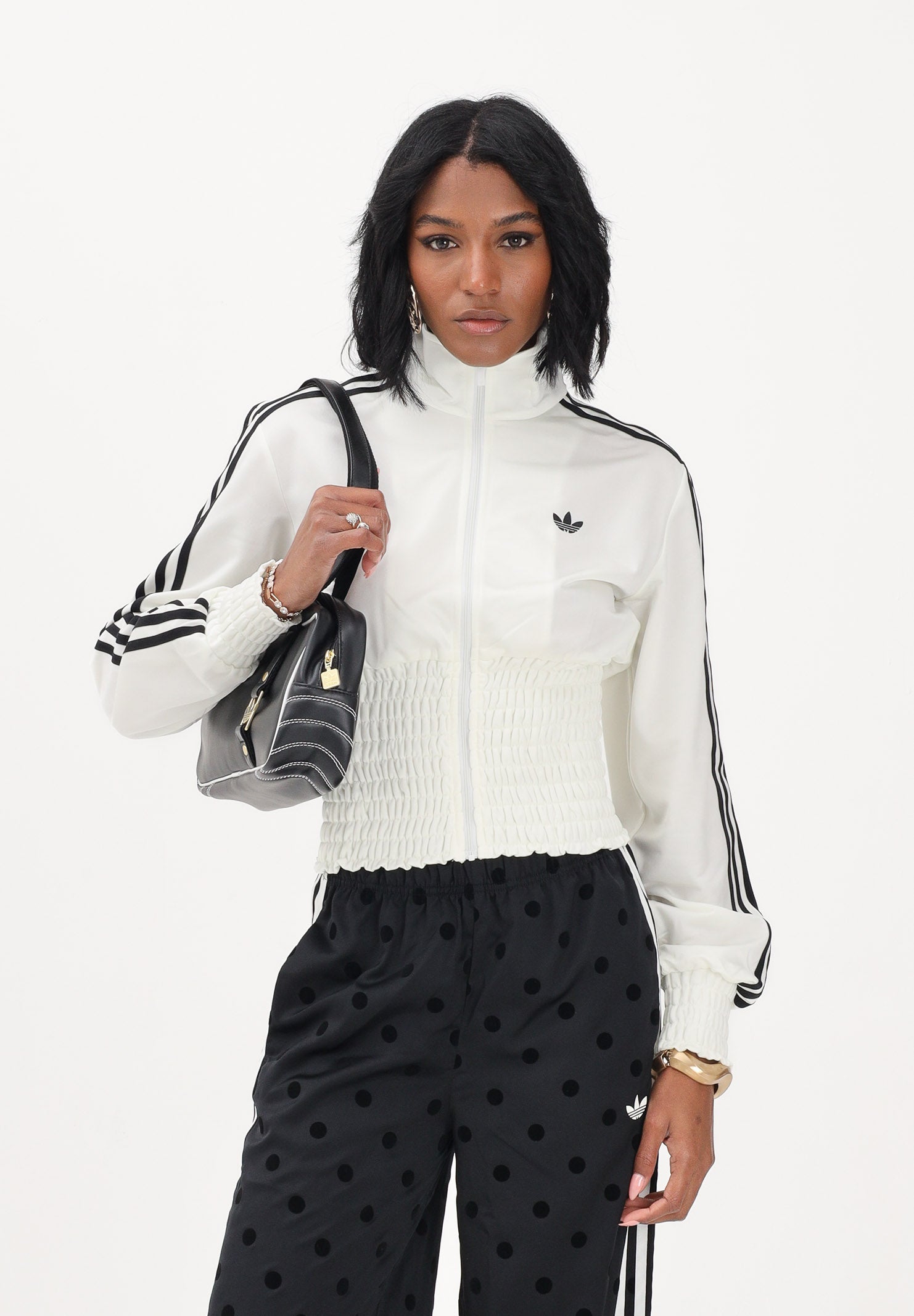ADIDAS ORIGINALS Felpa con zip SMOCKED FIREBIRD bianca da donna KE3436 . ADIDAS ORIGINALS