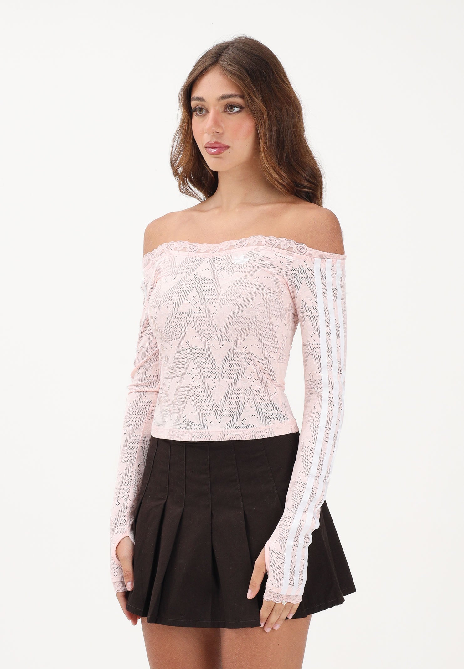 ADIDAS ORIGINALS Top a manica lunga Lace Bardot rosa da donna KE3459 . ADIDAS ORIGINALS