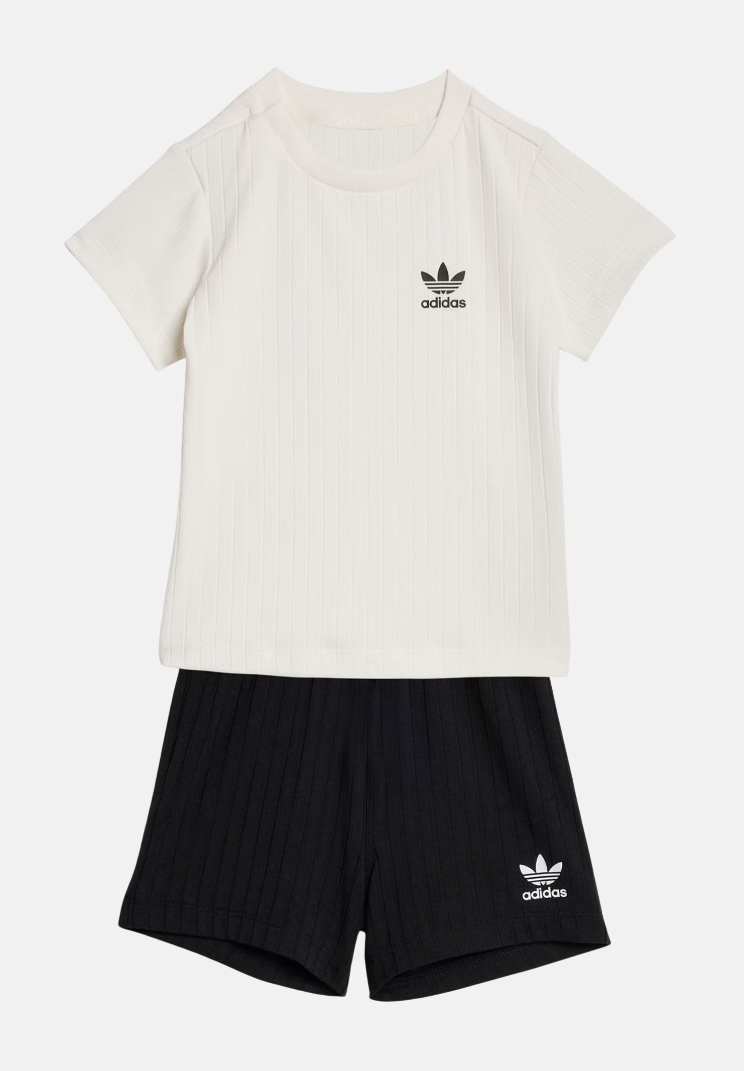 ADIDAS ORIGINALS Completino Wide Rib con T-shirt e short a coste larghe bianco nero da neonato KE4984 . ADIDAS ORIGINALS