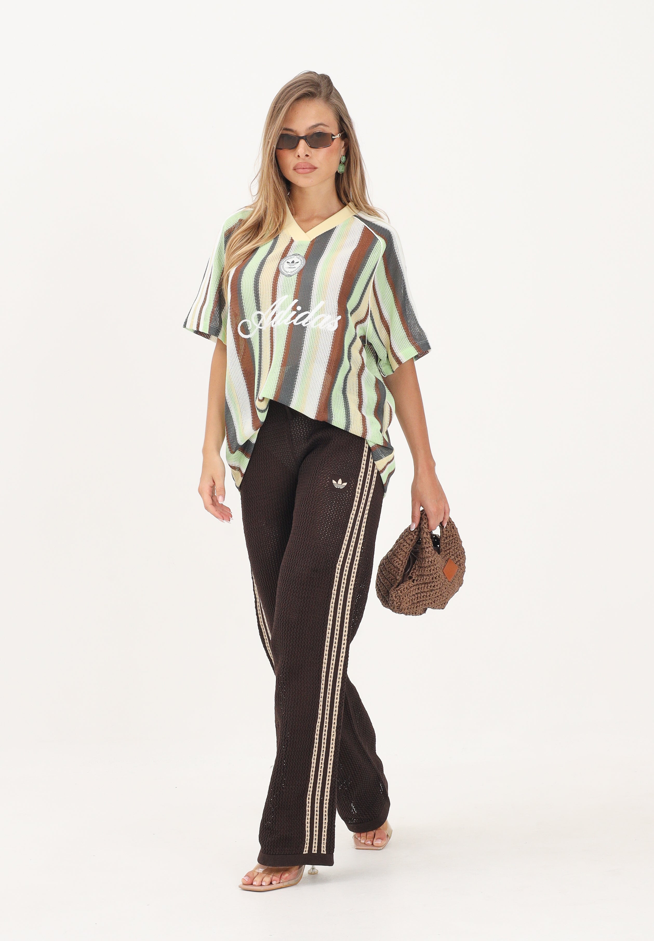 ADIDAS ORIGINALS pantaloni sportivi Crochet Trackpant marrone stripes gialle donna. KQ6656 . ADIDAS ORIGINALS