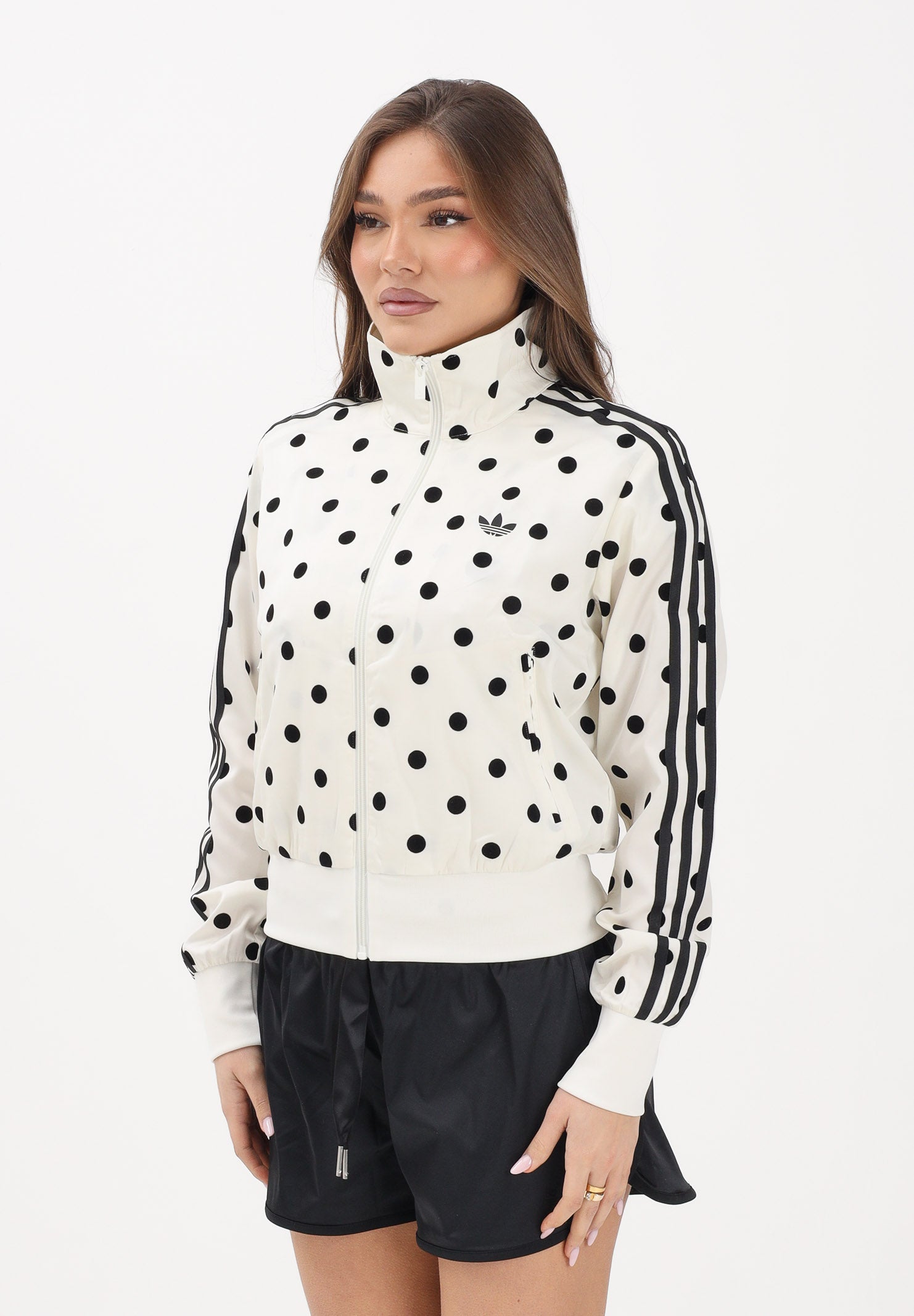 ADIDAS ORIGINALS Felpa con zip Satin Polka Dots TT panna e nera da donna KV1165 . ADIDAS ORIGINALS