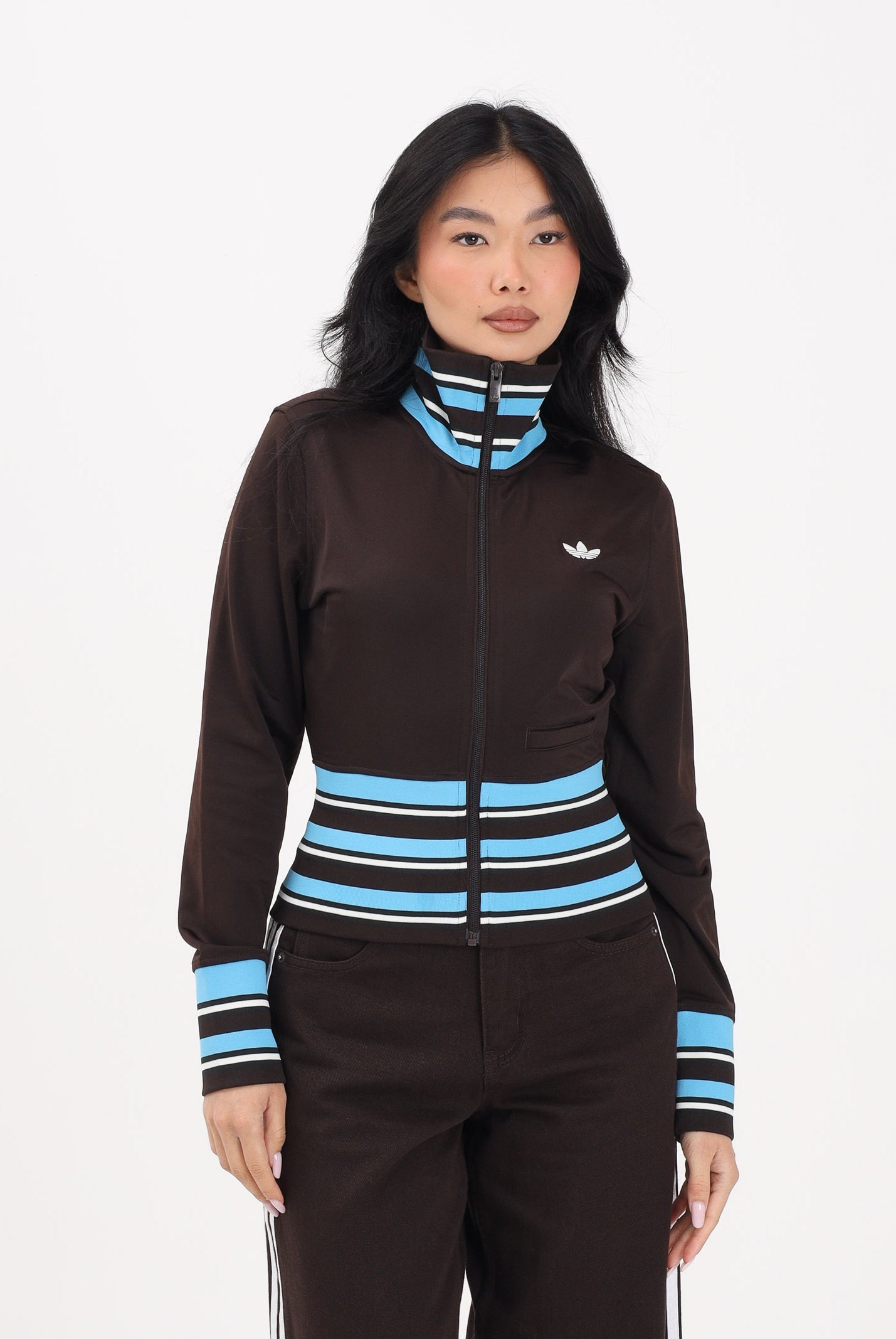 ADIDAS ORIGINALS Felpa con zip Vintage TT marrone e azzurra da donna KW2084 . ADIDAS ORIGINALS