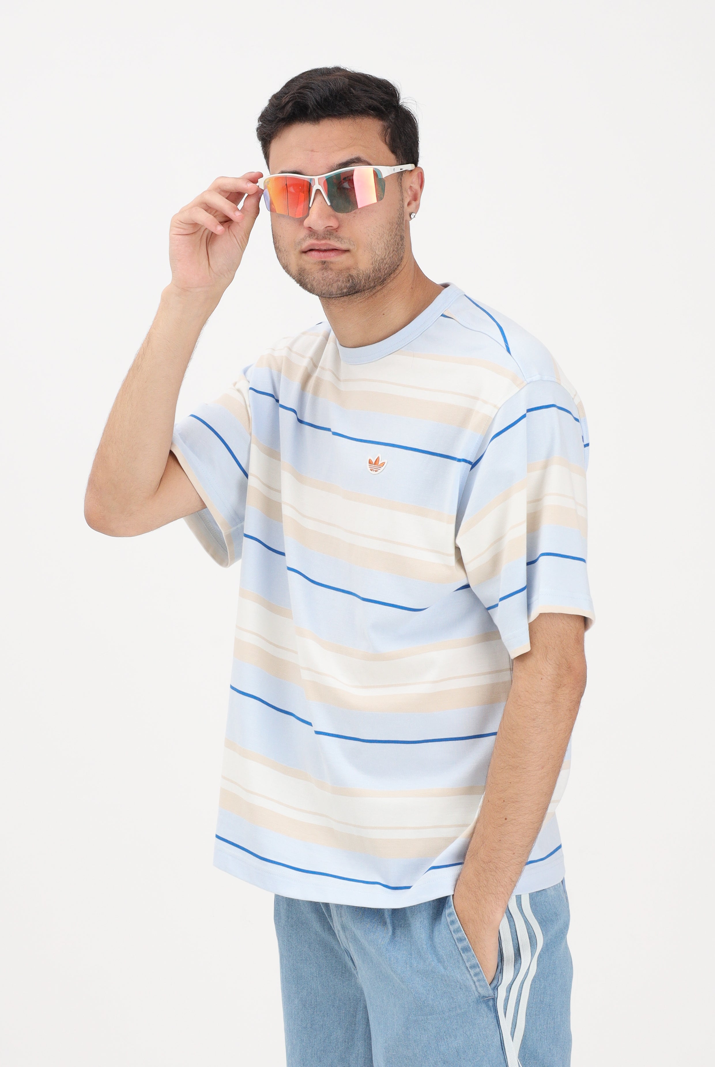 ADIDAS ORIGINALS T-shirt a manica corta azzurra da uomo con motivo a righe KX1268 . ADIDAS ORIGINALS