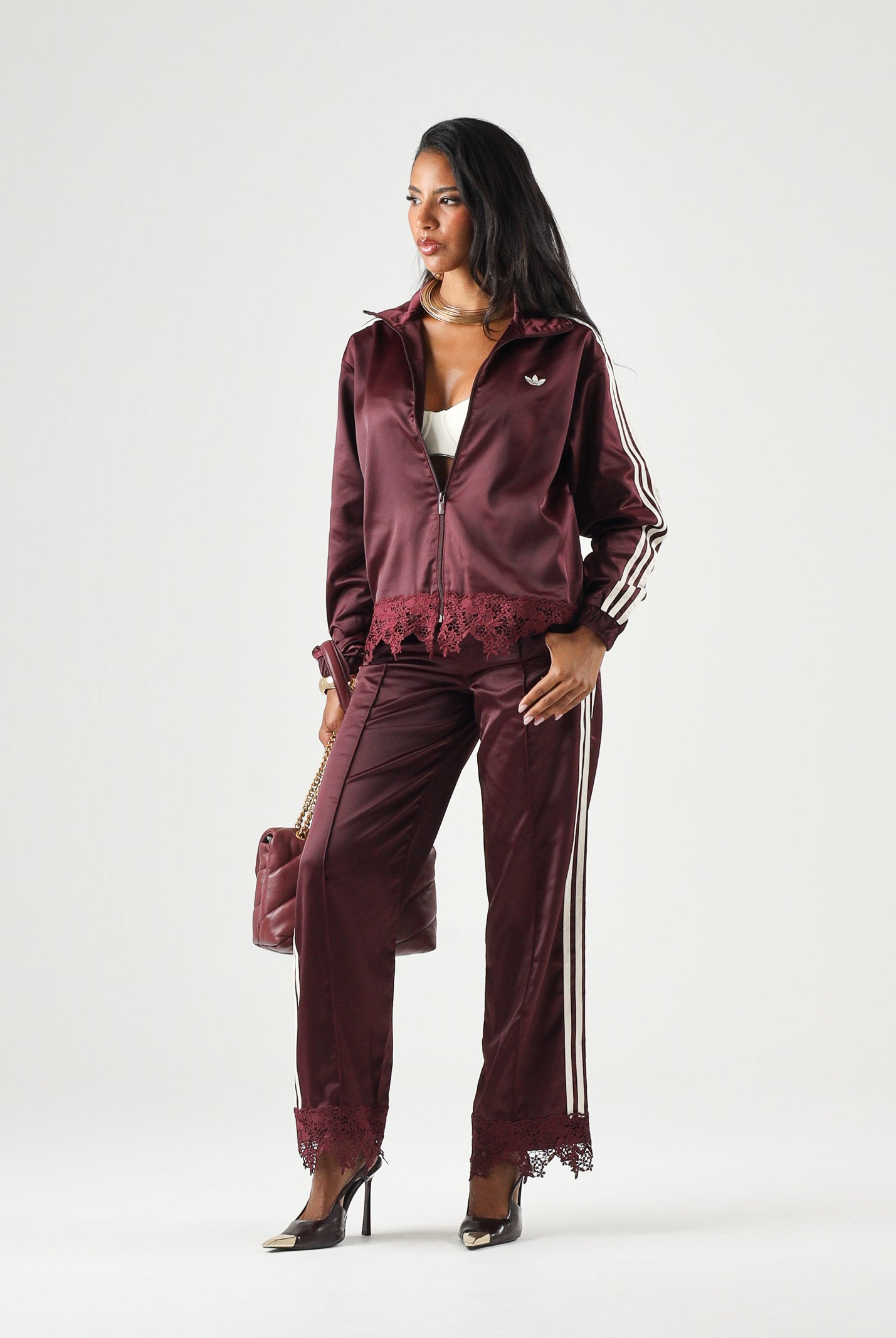 ADIDAS ORIGINALS Pantaloni SATIN maroon bordeaux da donna in tessuto effetto satin <BR/> LD1807 . ADIDAS ORIGINALS