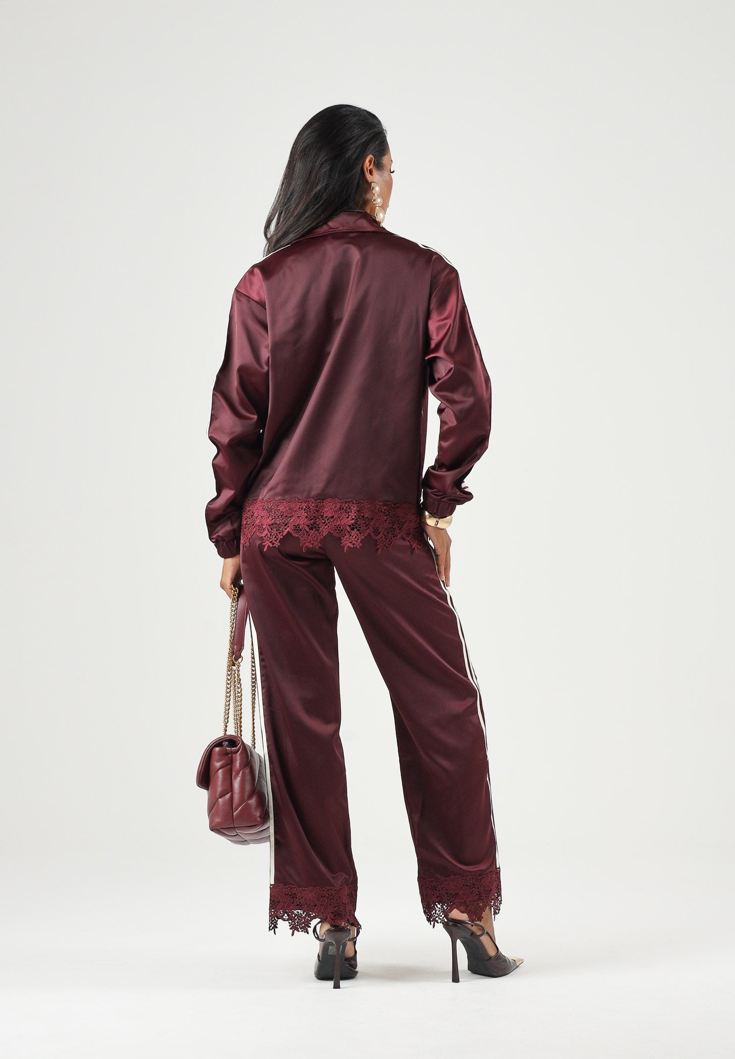 ADIDAS ORIGINALS Pantaloni SATIN maroon bordeaux da donna in tessuto effetto satin <BR/> LD1807 . ADIDAS ORIGINALS