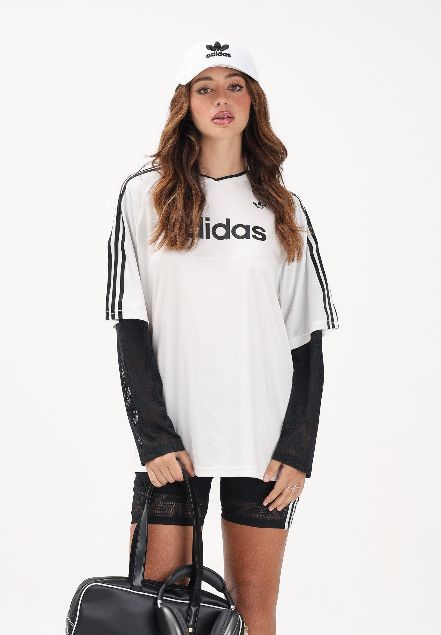 ADIDAS ORIGINALS T-shirt a manica lunga LACE bianca e nera da donna KC8140 . ADIDAS ORIGINALS