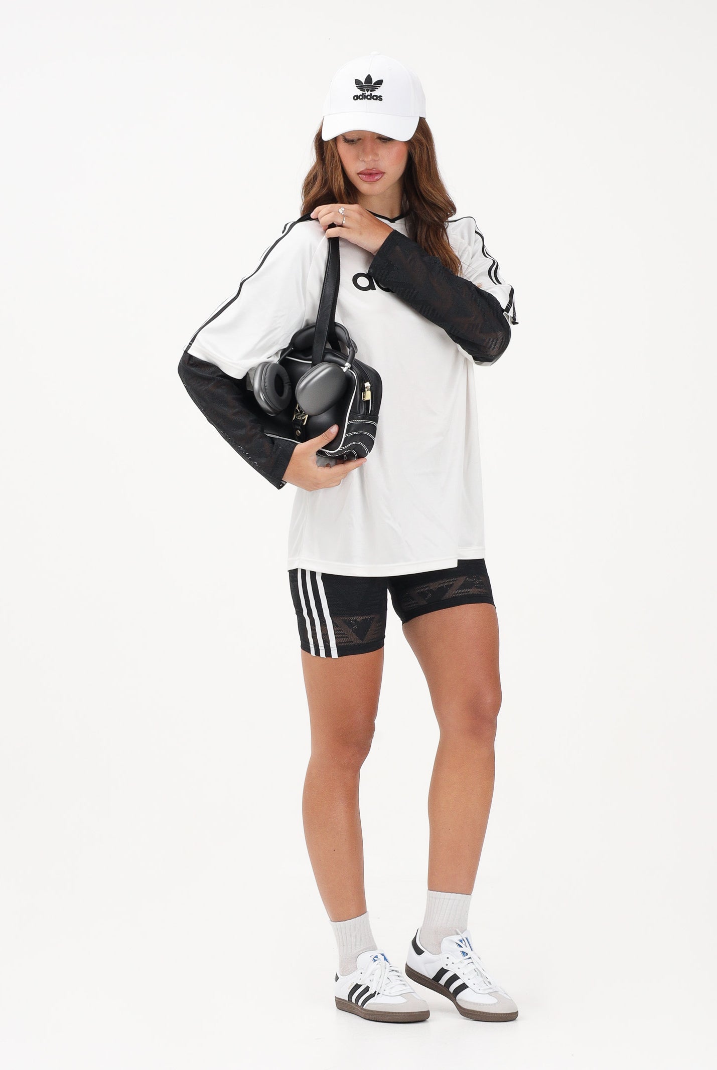 ADIDAS ORIGINALS T-shirt a manica lunga LACE bianca e nera da donna KC8140 . ADIDAS ORIGINALS