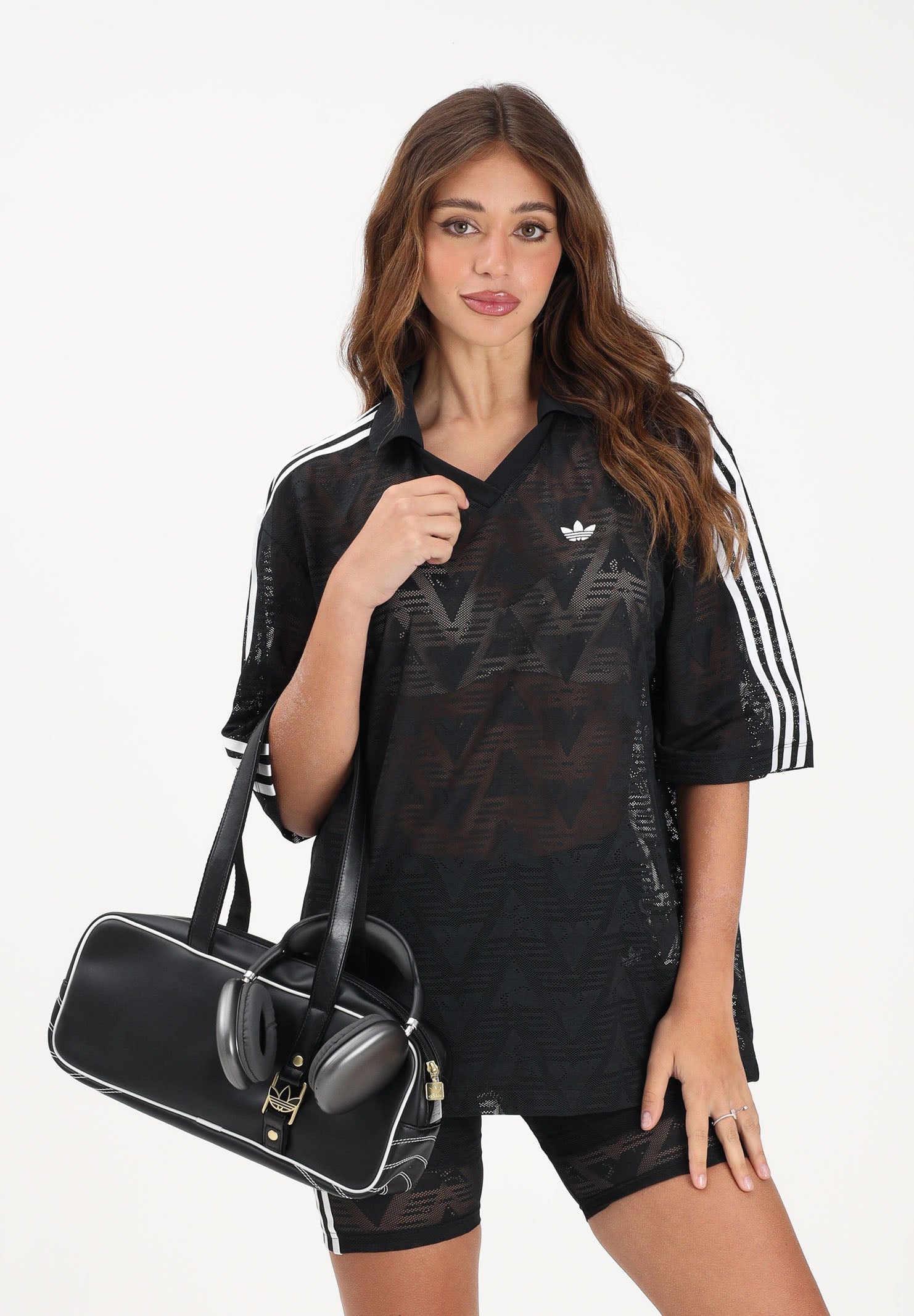 ADIDAS ORIGINALS Polo a manica corta in pizzo nera da donna KD0344 . ADIDAS ORIGINALS