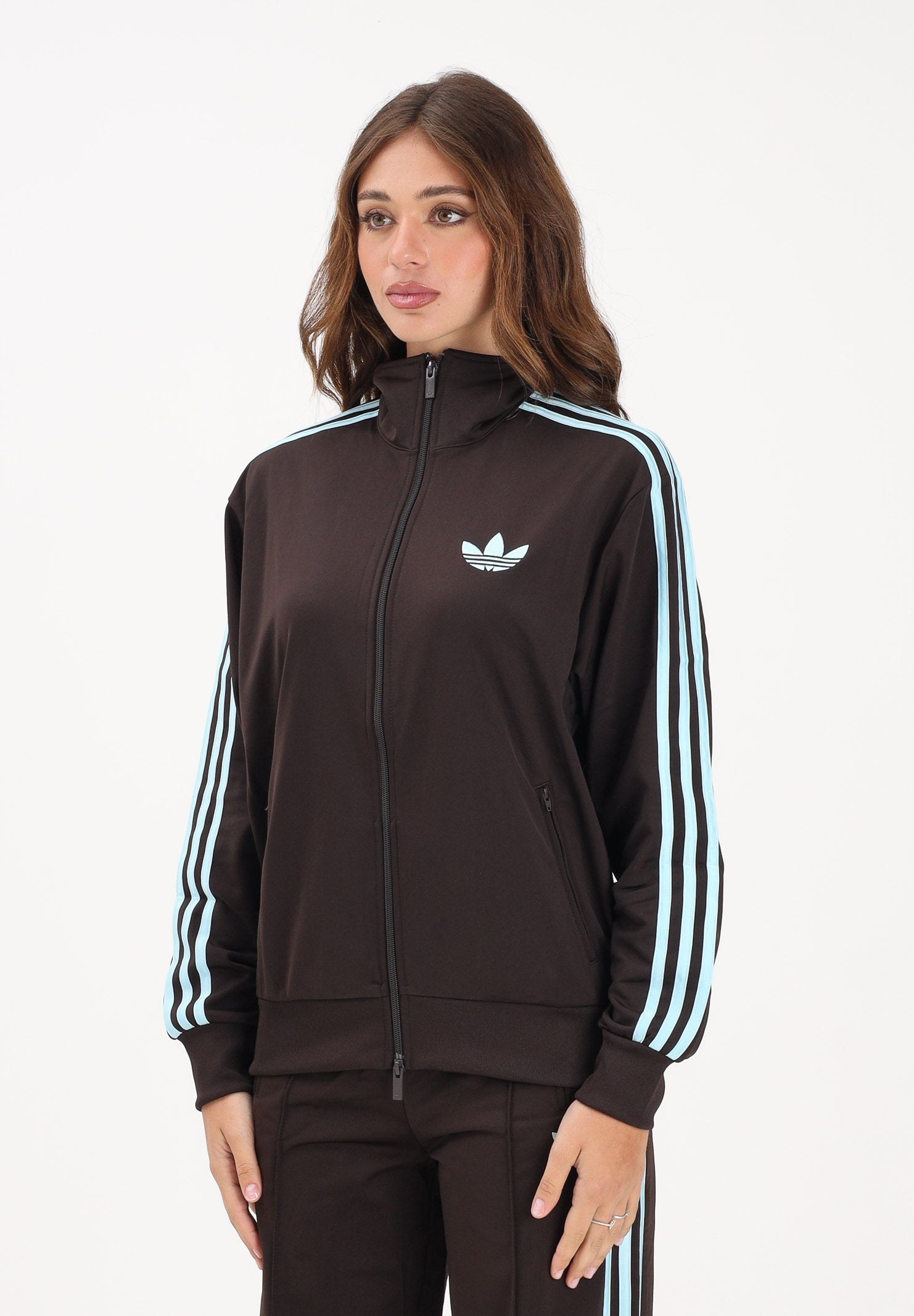 ADIDAS ORIGINALS Felpa con zip Firebird marrone e azzurra da donna KT4610 . ADIDAS ORIGINALS