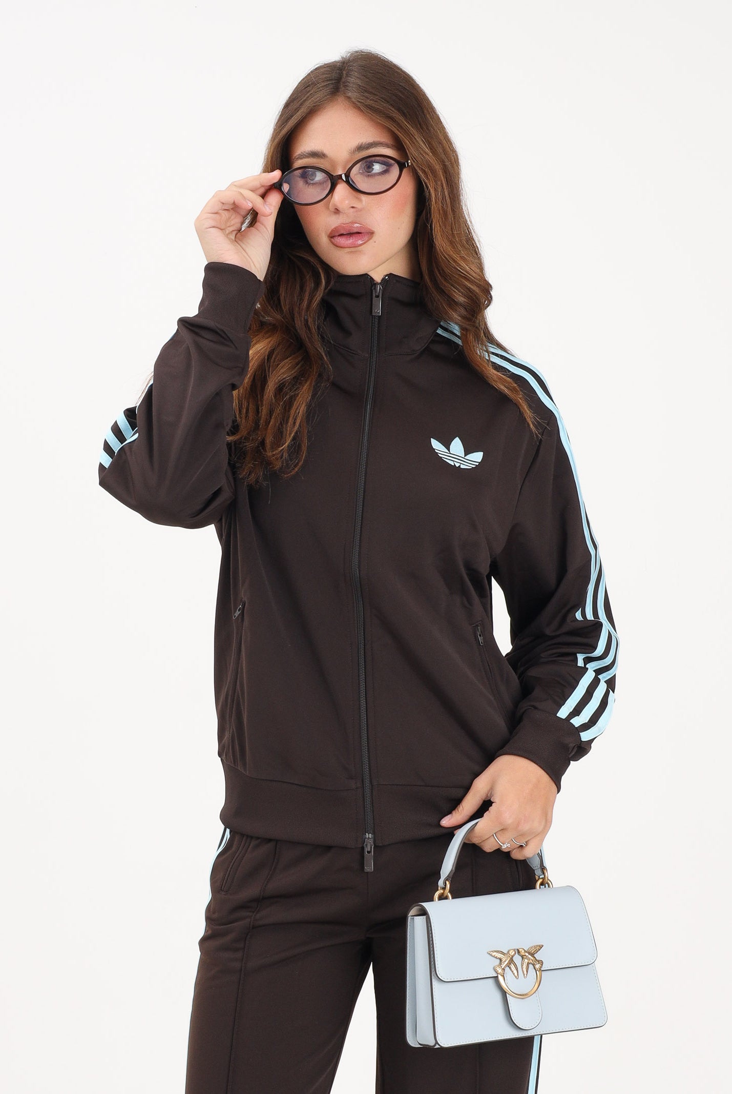 ADIDAS ORIGINALS Felpa con zip Firebird marrone e azzurra da donna KT4610 . ADIDAS ORIGINALS