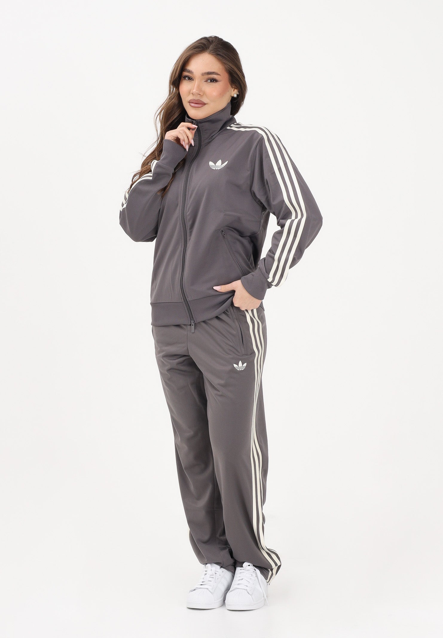 ADIDAS ORIGINALS Felpa con zip FIREBIRD LOOSE grigia da donna KT4614 . ADIDAS ORIGINALS