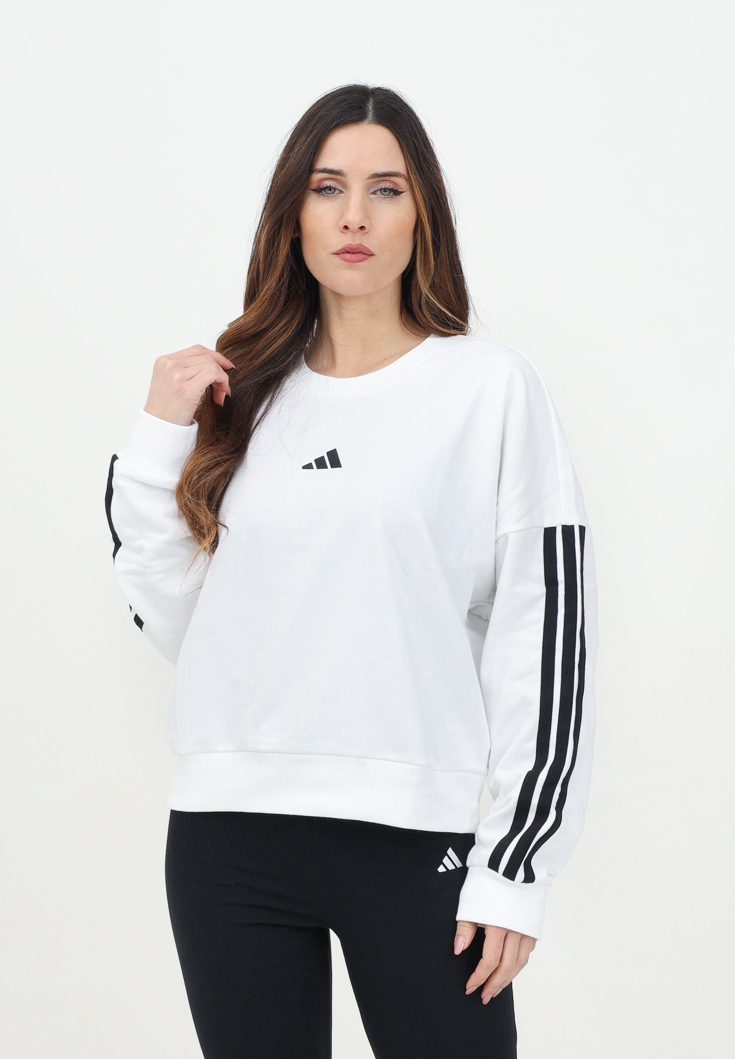 ADIDAS PERFORMANCE Felpa girocollo Essentials 3-Stripes French Terry bianca da donna JD5285 . ADIDAS PERFORMANCE