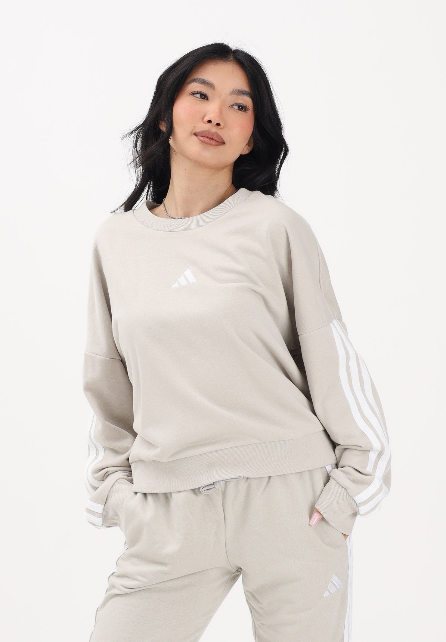 ADIDAS PERFORMANCE Felpa girocollo ESSENTIALS 3-STRIPES FRENCH TERRY beige da donna JE0014 . ADIDAS PERFORMANCE
