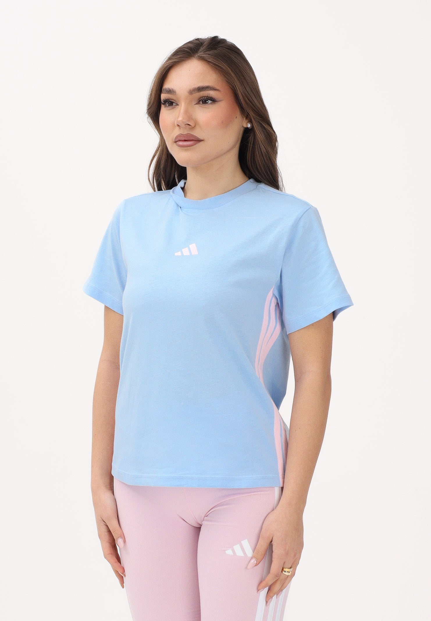 ADIDAS PERFORMANCE T-shirt a manica corta ESSENTIALS 3-STRIPES celeste e rosa da donna KB7119 . ADIDAS PERFORMANCE
