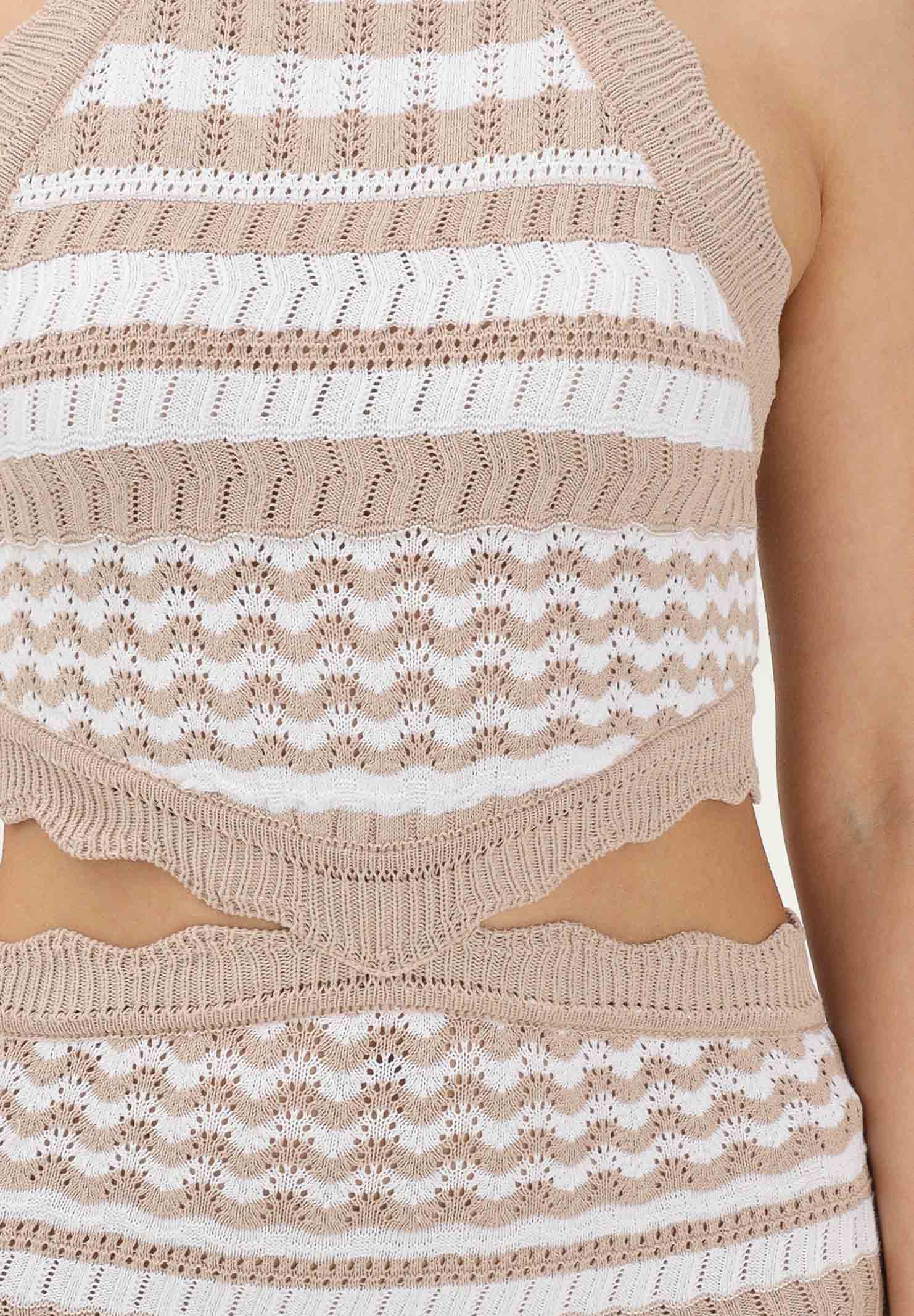 AKEP Abito lungo a righe bianco e beige da donna VSKD13206 V3 AKEP