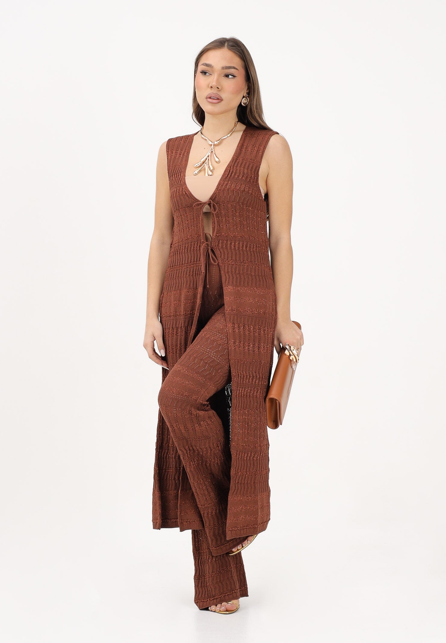 AKEP Pantalone marrone da donna in maglia lavorata PTKD13211 V2 AKEP