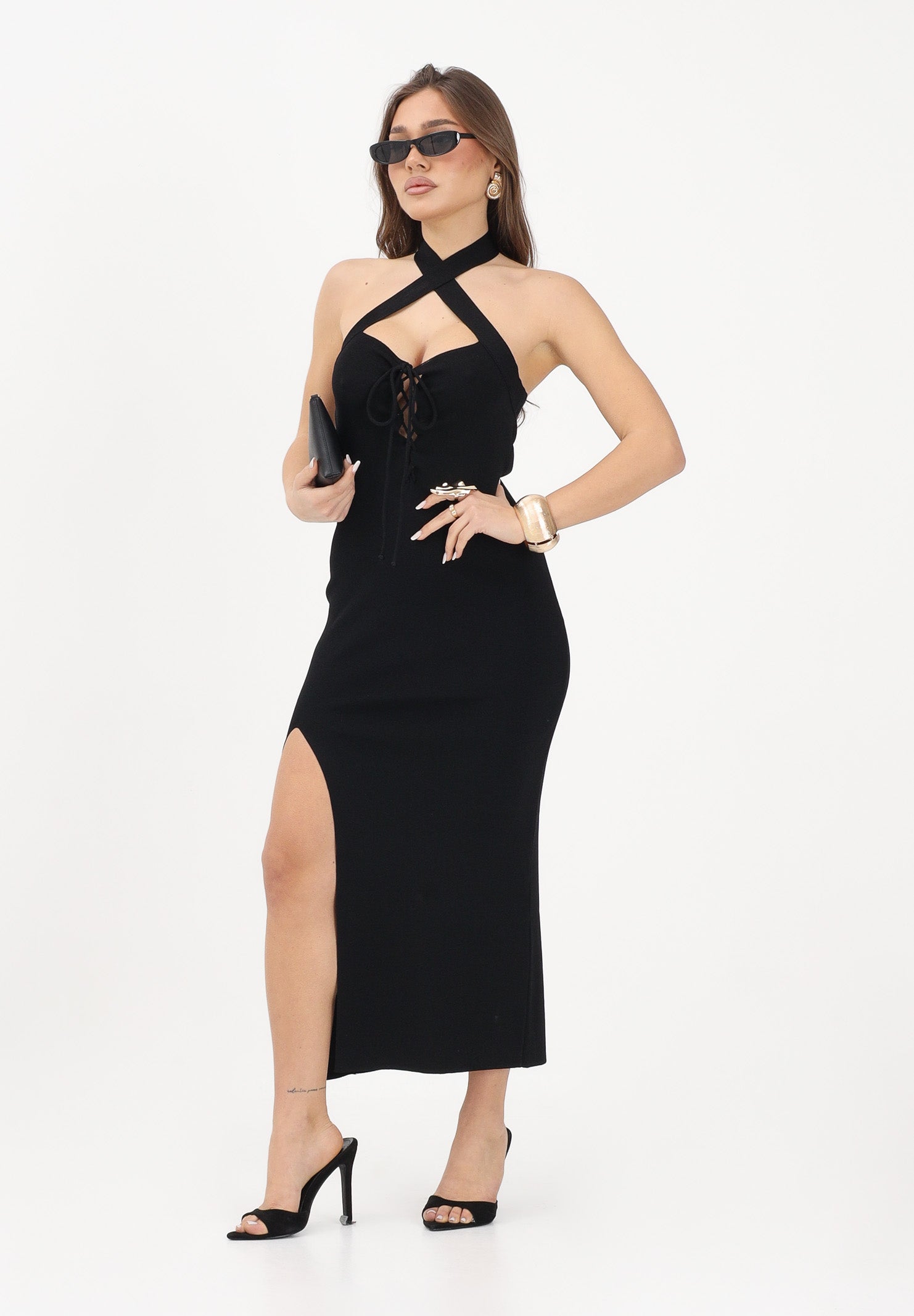 AKEP Abito lungo nero da donna con spacco laterale VSKD13273 V1 AKEP