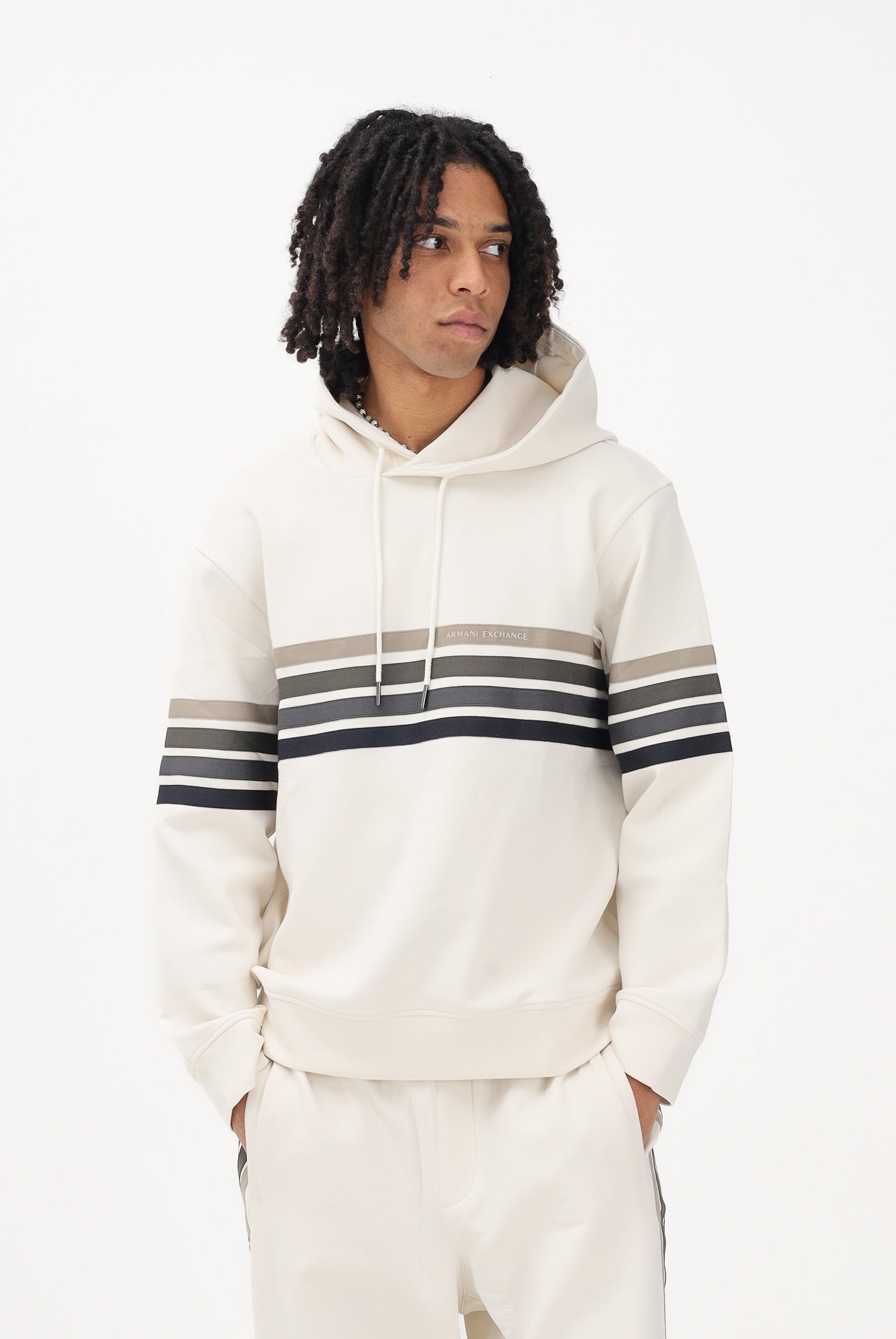 ARMANI EXCHANGE Felpa con cappuccio panna da uomo rifinita da stampa XM002053AF10818 U1074 ARMANI EXCHANGE