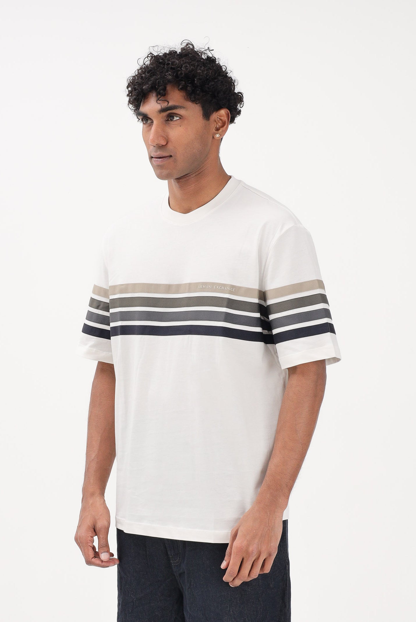 ARMANI EXCHANGE T-shirt a manica corta crema da uomo con bande a contrasto XM002055AF10358 U1074 ARMANI EXCHANGE