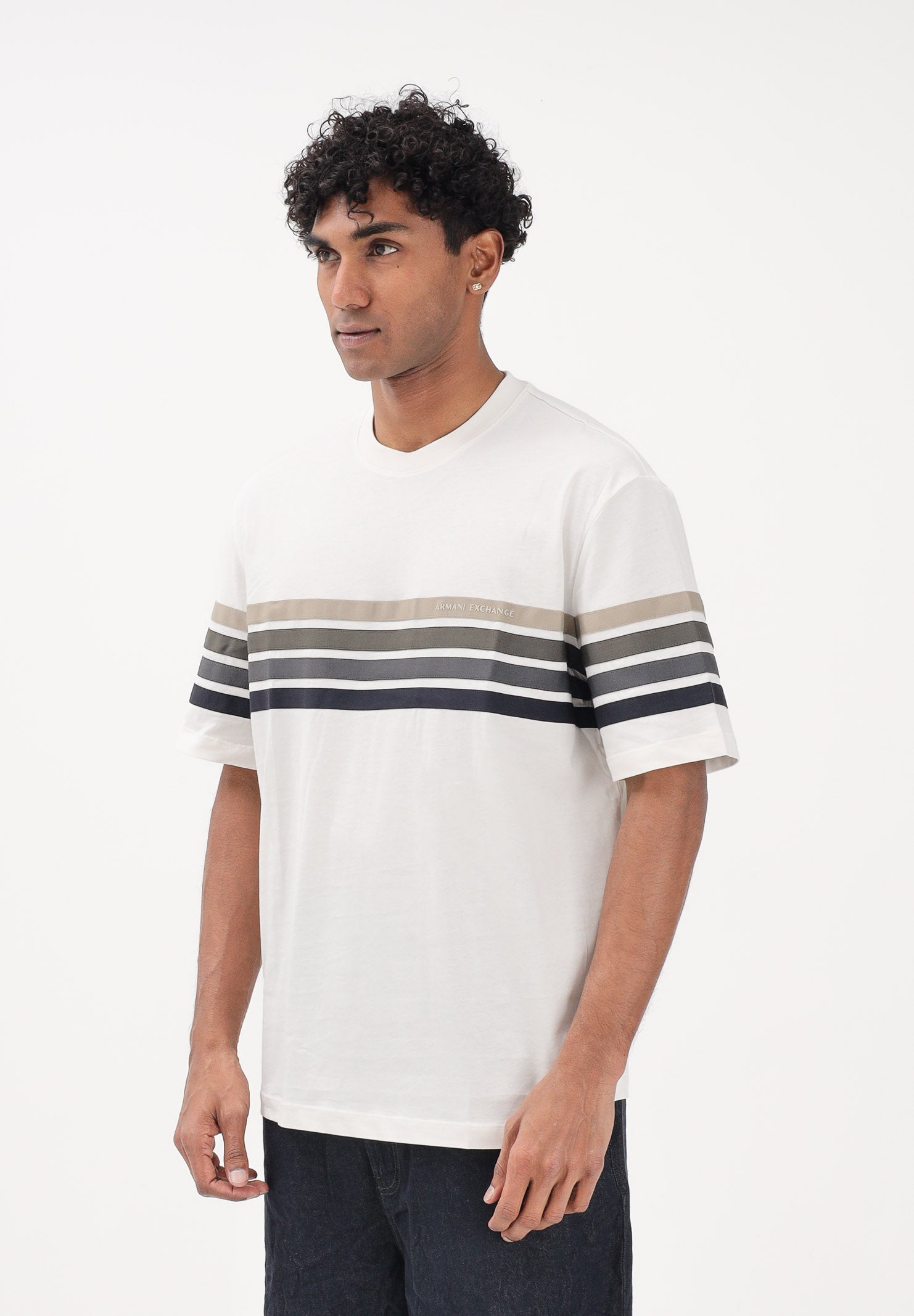 ARMANI EXCHANGE T-shirt a manica corta crema da uomo con bande a contrasto XM002055AF10358 U1074 ARMANI EXCHANGE