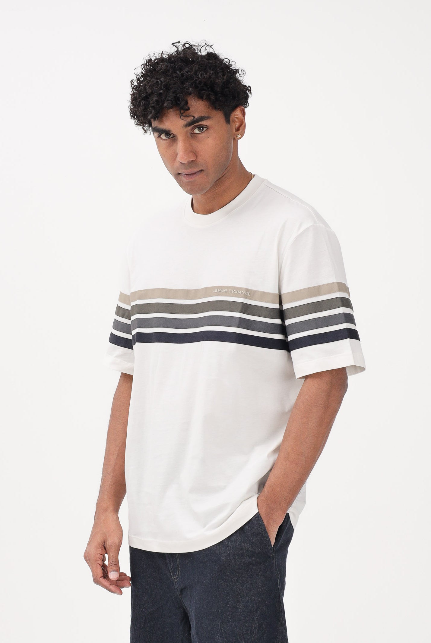 ARMANI EXCHANGE T-shirt a manica corta crema da uomo con bande a contrasto XM002055AF10358 U1074 ARMANI EXCHANGE