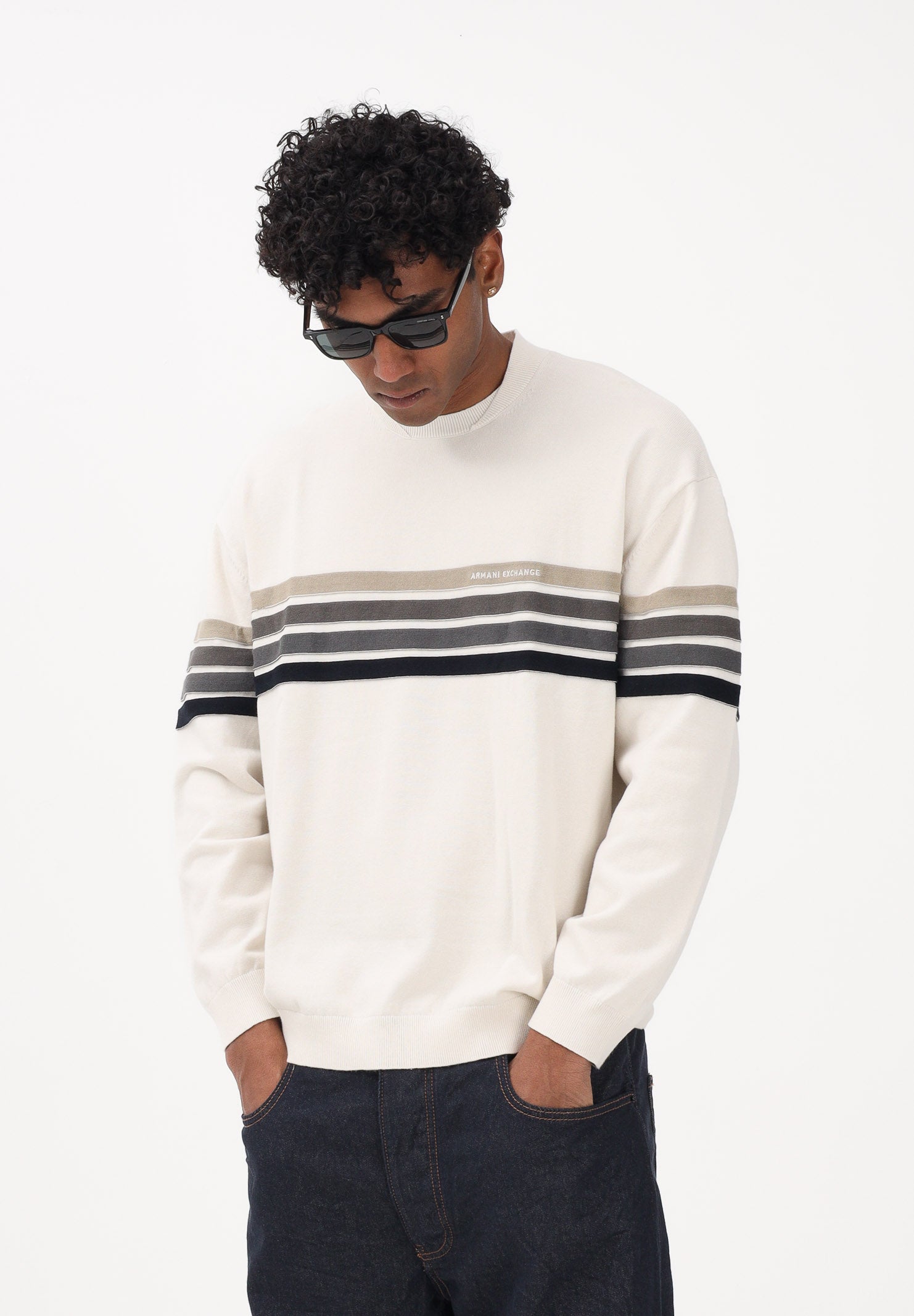 ARMANI EXCHANGE Maglioncino girocollo panna da uomo con bande a contrasto XM002424AF11960 M1302 ARMANI EXCHANGE