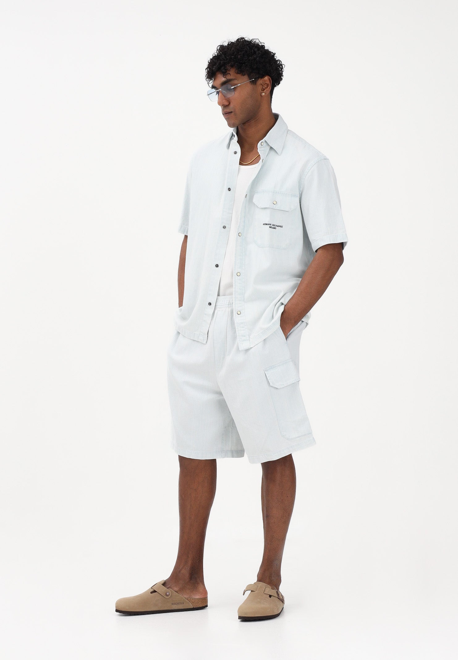 ARMANI EXCHANGE Shorts cargo bianco e celeste da uomo con righe sottili XM002810AF22638 FB380 ARMANI EXCHANGE